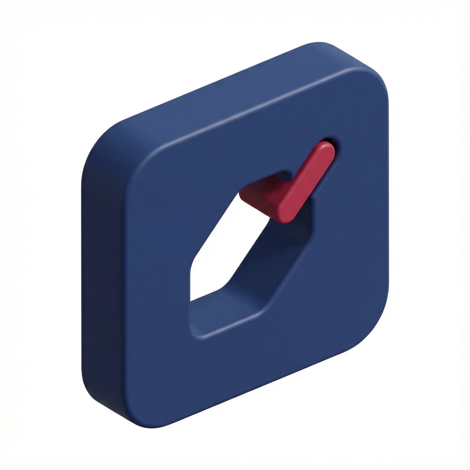 Create a modern flat icon for a tech brand named “VoraLab”.  
The concept is a simple geometric portal / gateway: a rounded rectangle or door–like shape in navy blue, with a clean negative–space cut or diagonal gap in the middle that suggests “access” or “entry”.  
Add a small crimson red accent (a dot or short line) near the opening to represent a creative spark.  
Style: minimal, bold, easy to recognize at small sizes, no text, no gradients, suitable as app icon and favicon.