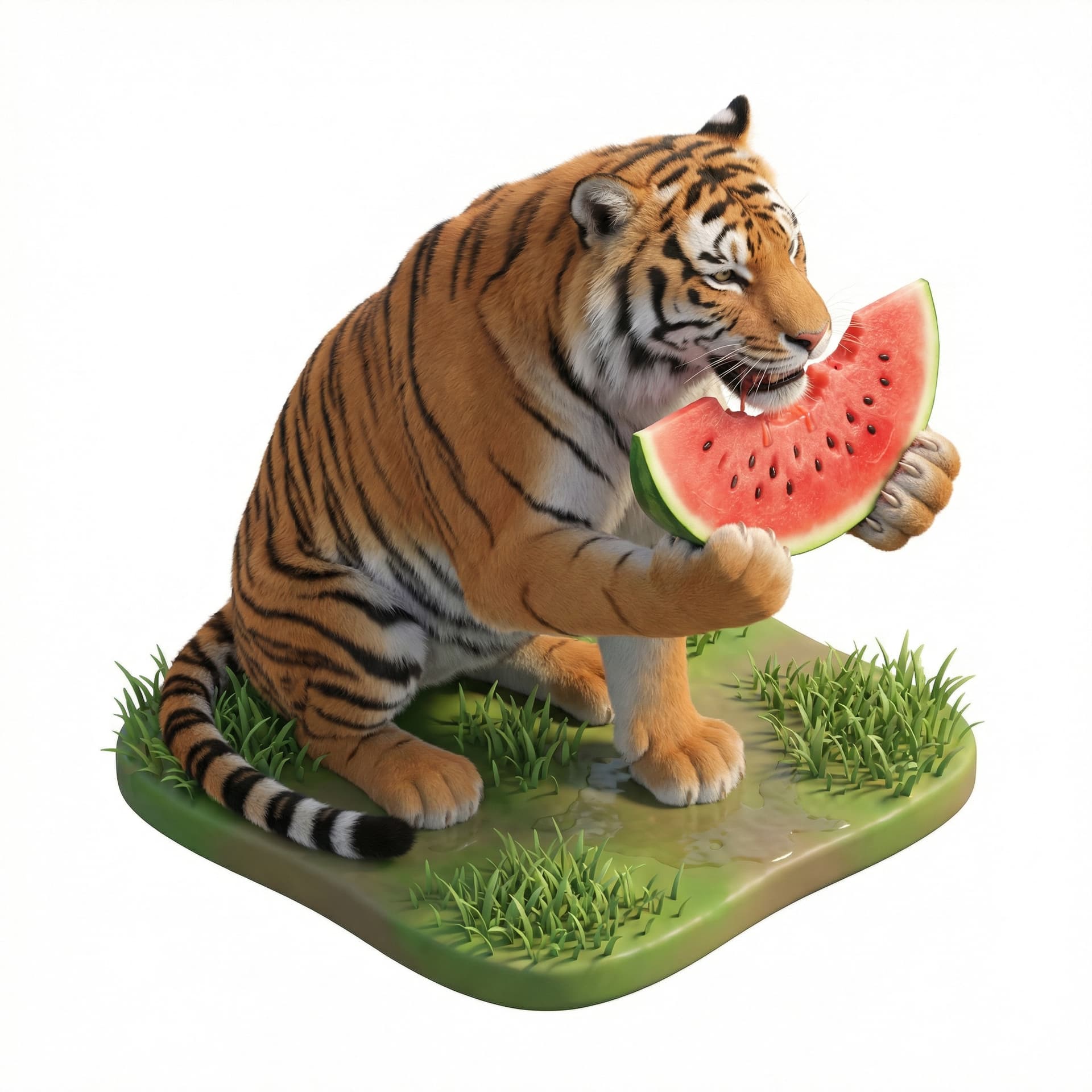 bikin harimau duduk memakan semangka yang segar dengan nikmat