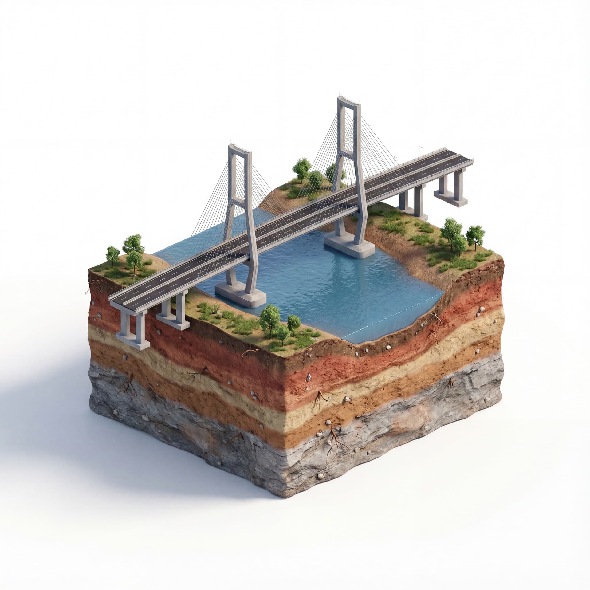 floating island base with layered soil + Suramadu Bridge