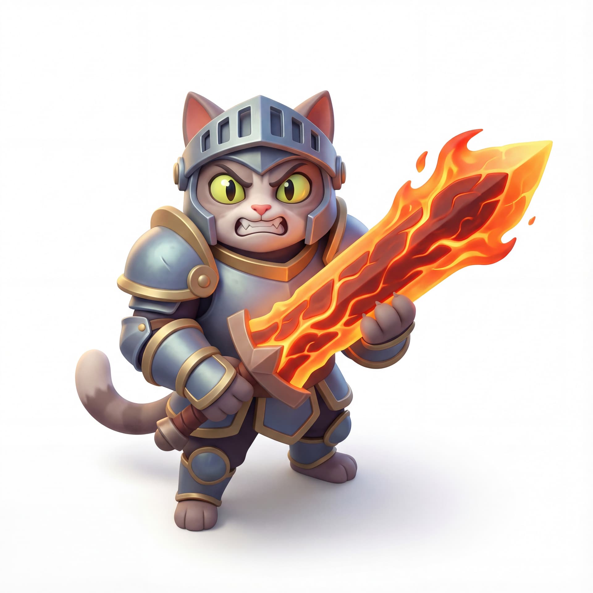 A highly detailed 3D cartoon cat knight gripping a broad sword made of molten fire, flame veins running along the blade edges, glowing cracks on the weapon surface, expressive fierce eyes, stylized fantasy armor, isolated character.