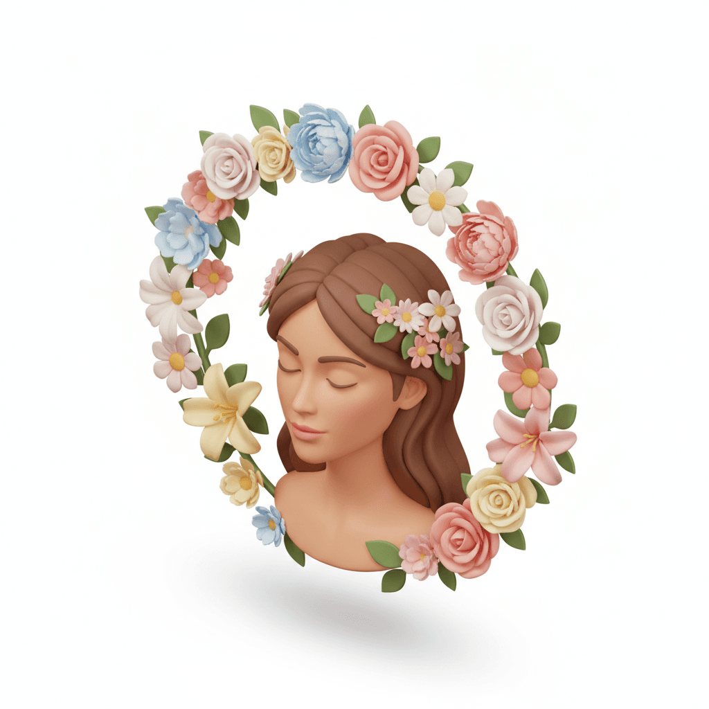 and flowers floating around her head