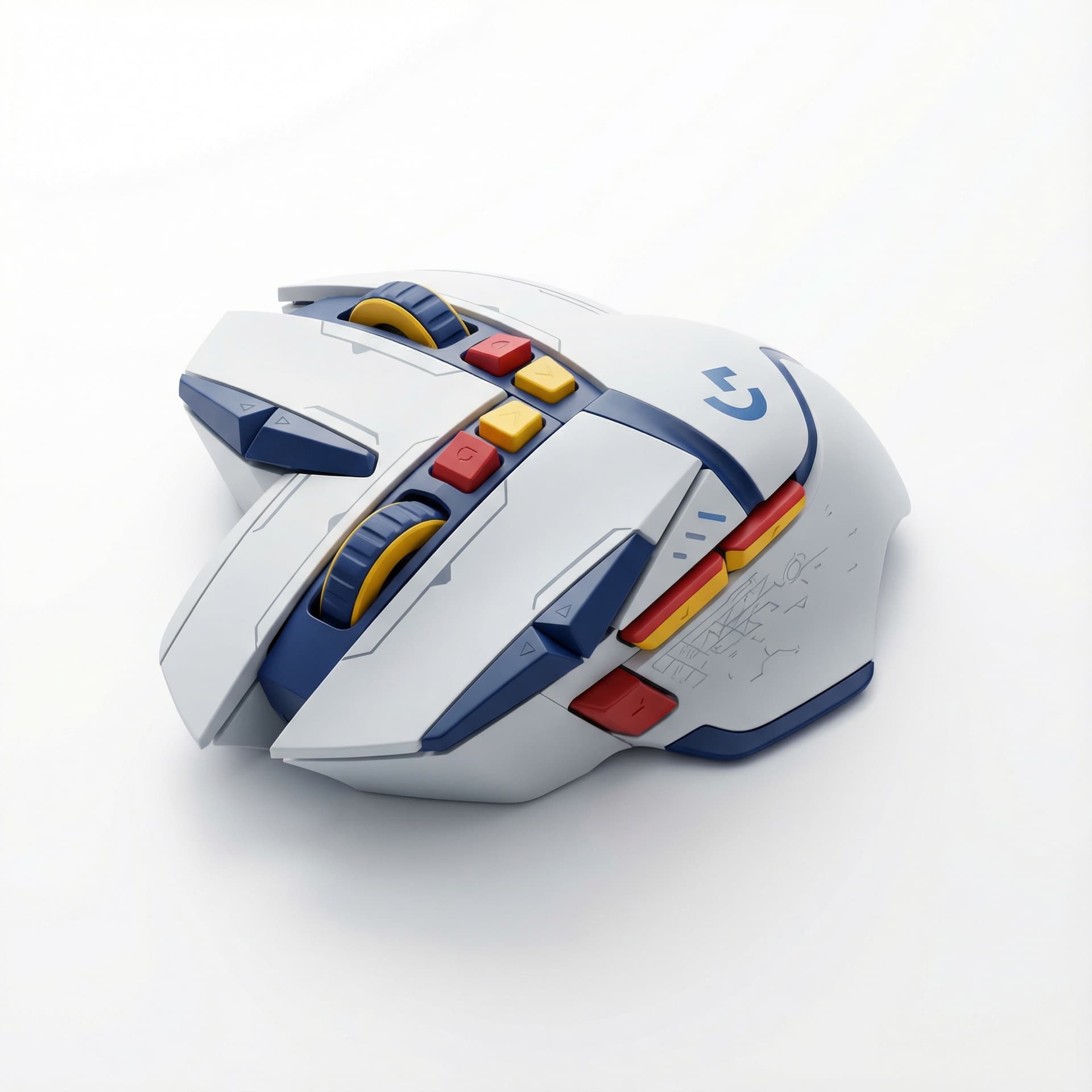 mouse wireless logitech gaming bergaya gundam dengan dominasi warna putih serta sedikit sentuhan warna biru tua, merah, dan kuning