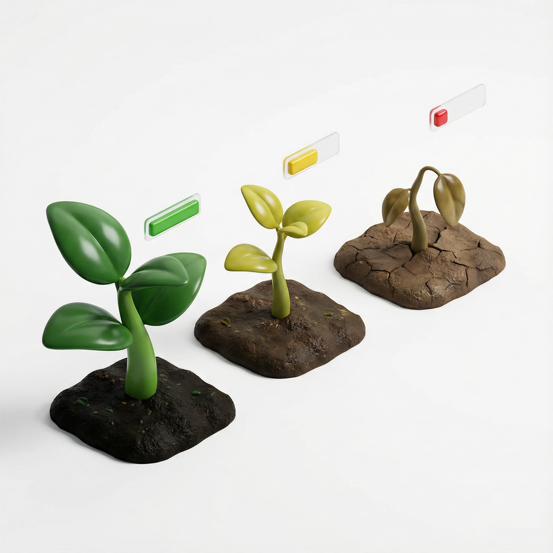 Realistic 3D chubby-style icon of three small plant sprouts in different health levels (healthy, medium, poor), arranged neatly like a species comparison. Soft rounded shapes, glossy leaves, subtle soil texture. Add a tiny floating chart or bar indicator behind them. Airbnb-style realism, soft shadows, clean white background.
