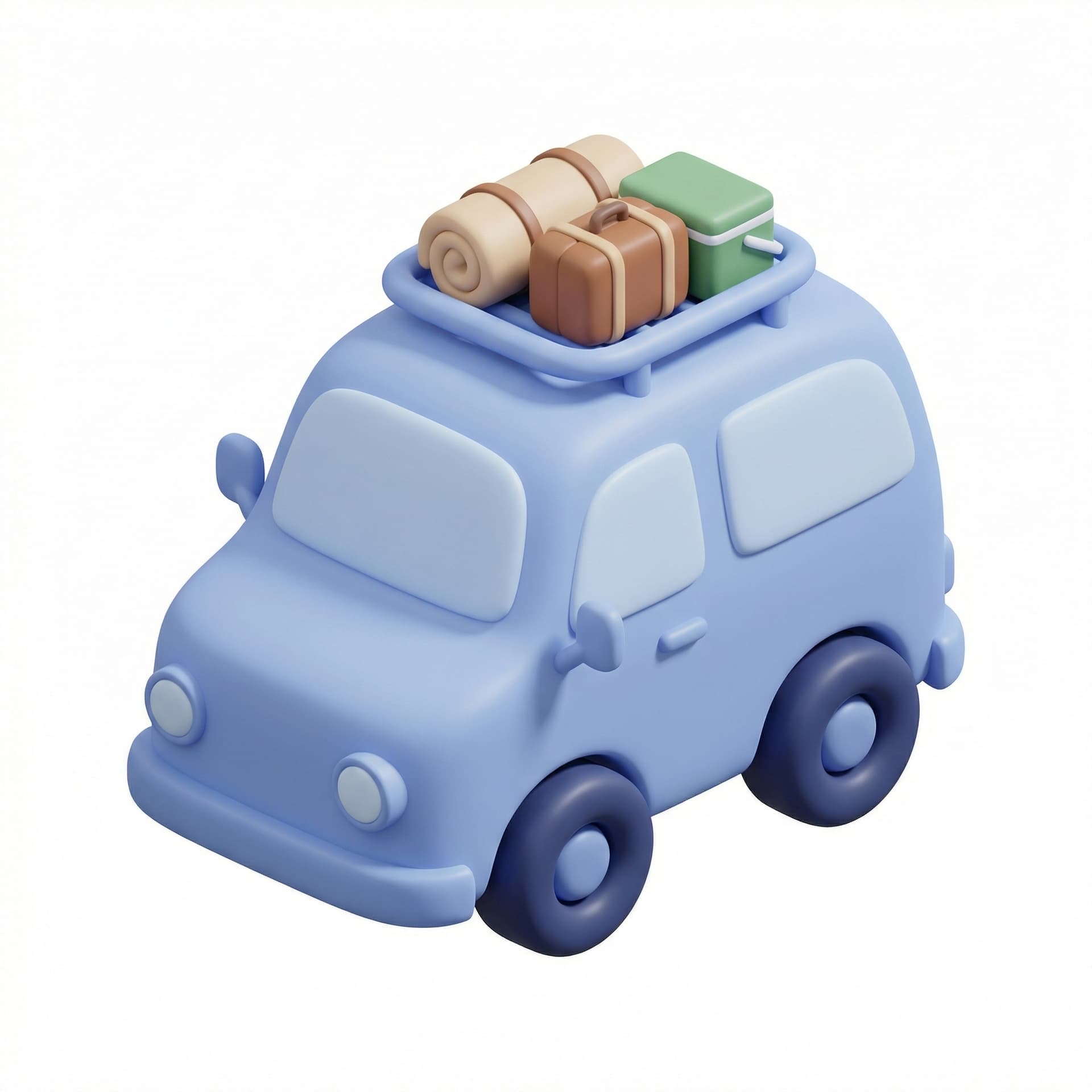 Isometric icon of a mini camping van, claymorphism style, rounded toy car, luggage on top, soft lighting, pastel blue, 3D illustration.