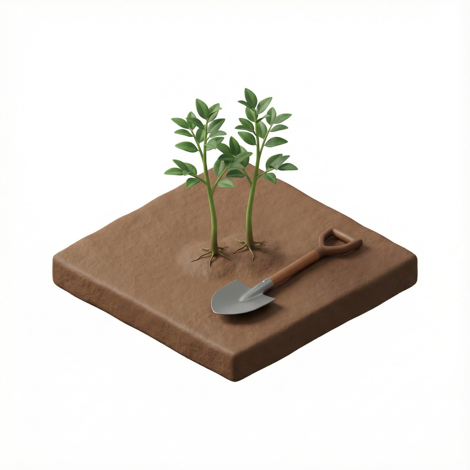 Two identical saplings planted without spacing logic, basic shovel on the soil tile.