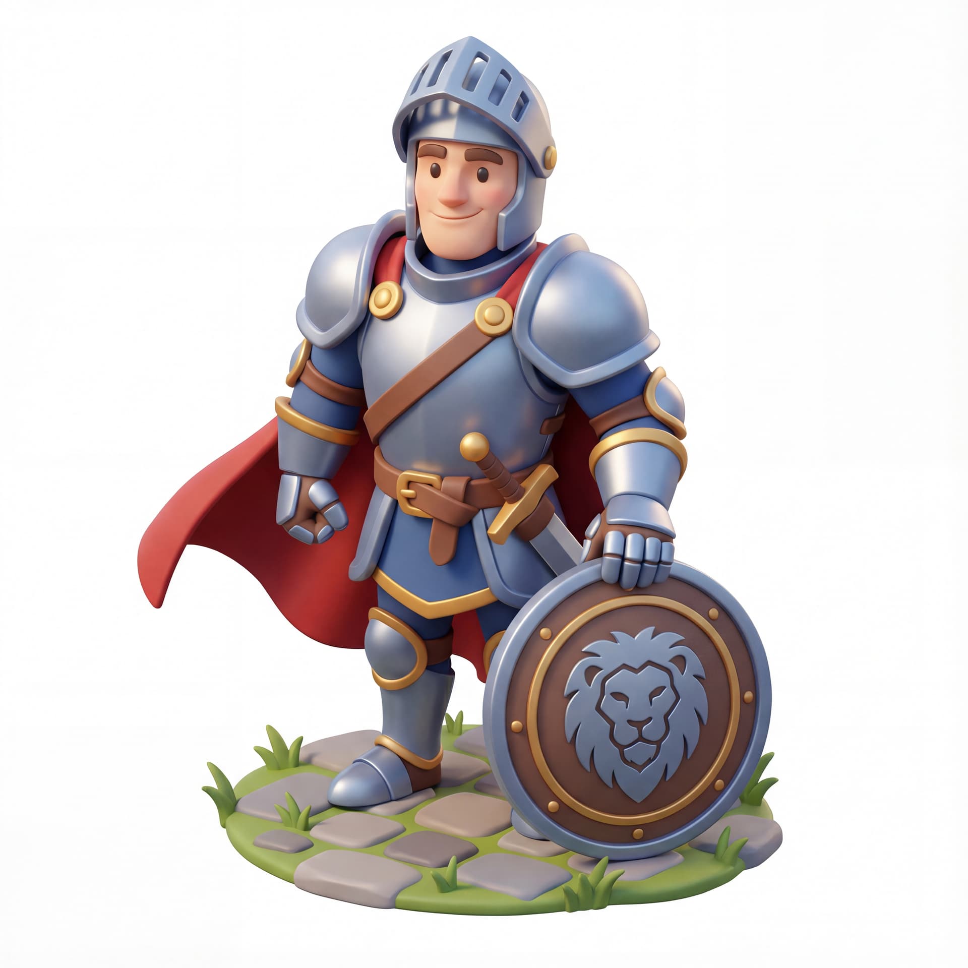 A 3D cartoon human knight character standing with shield resting on the ground, rounded armor shapes, friendly heroic posture, isolated character.