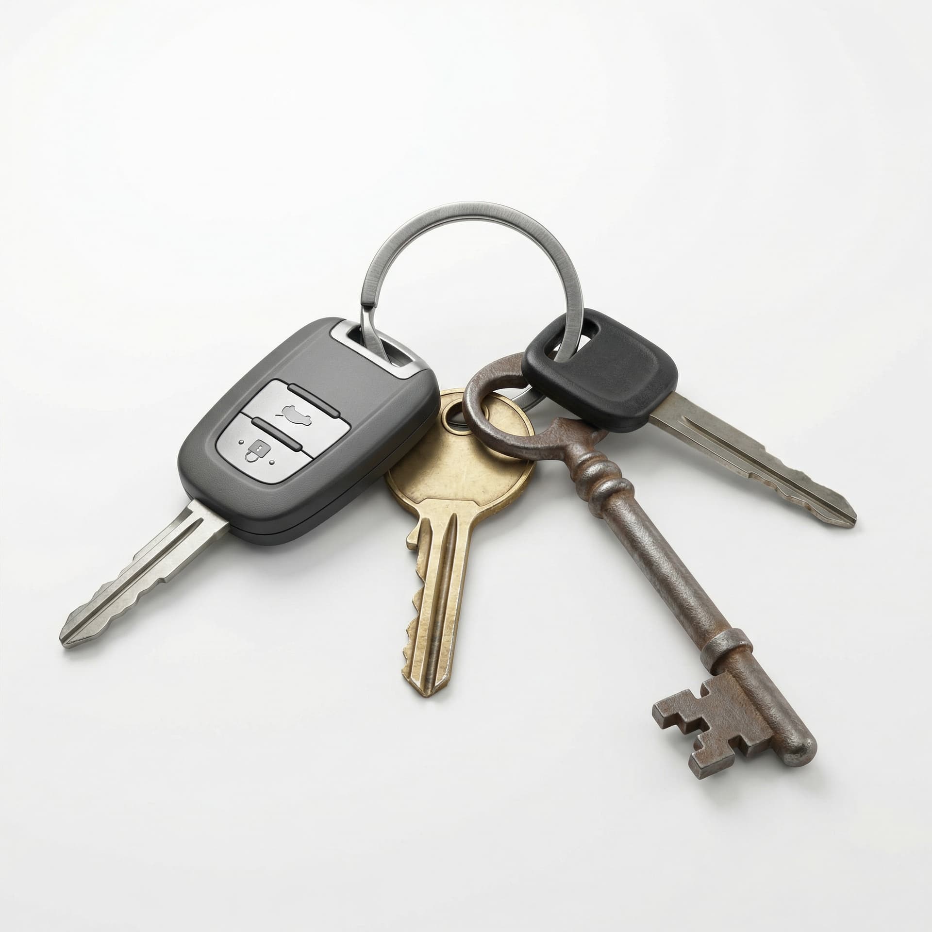 A keychain with a modern car key, a classic house key, a key for an older car, and an older key, for example for a cabin in a fjord. With neutral colors and lot of details and texture. hyperelasitic