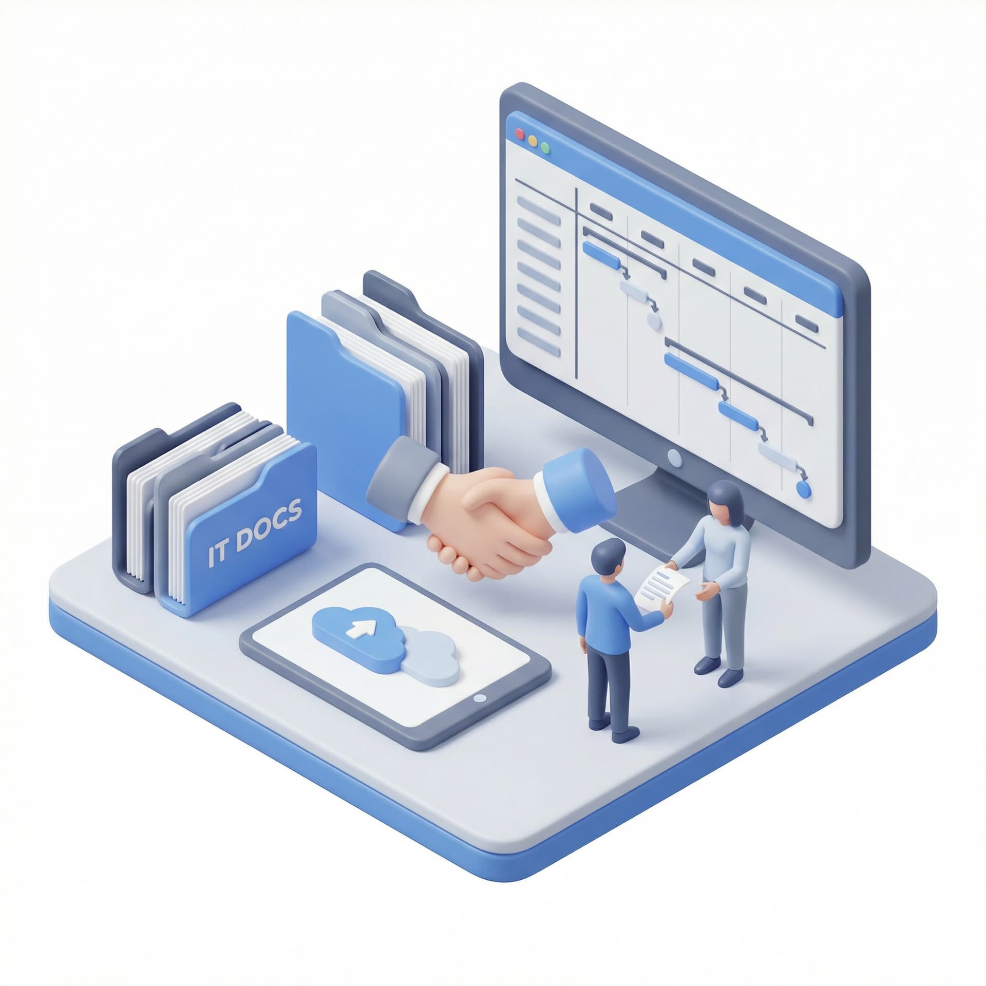 buatkan gambar tentang business relationship yang mengurus dokumen IT dan project management. 