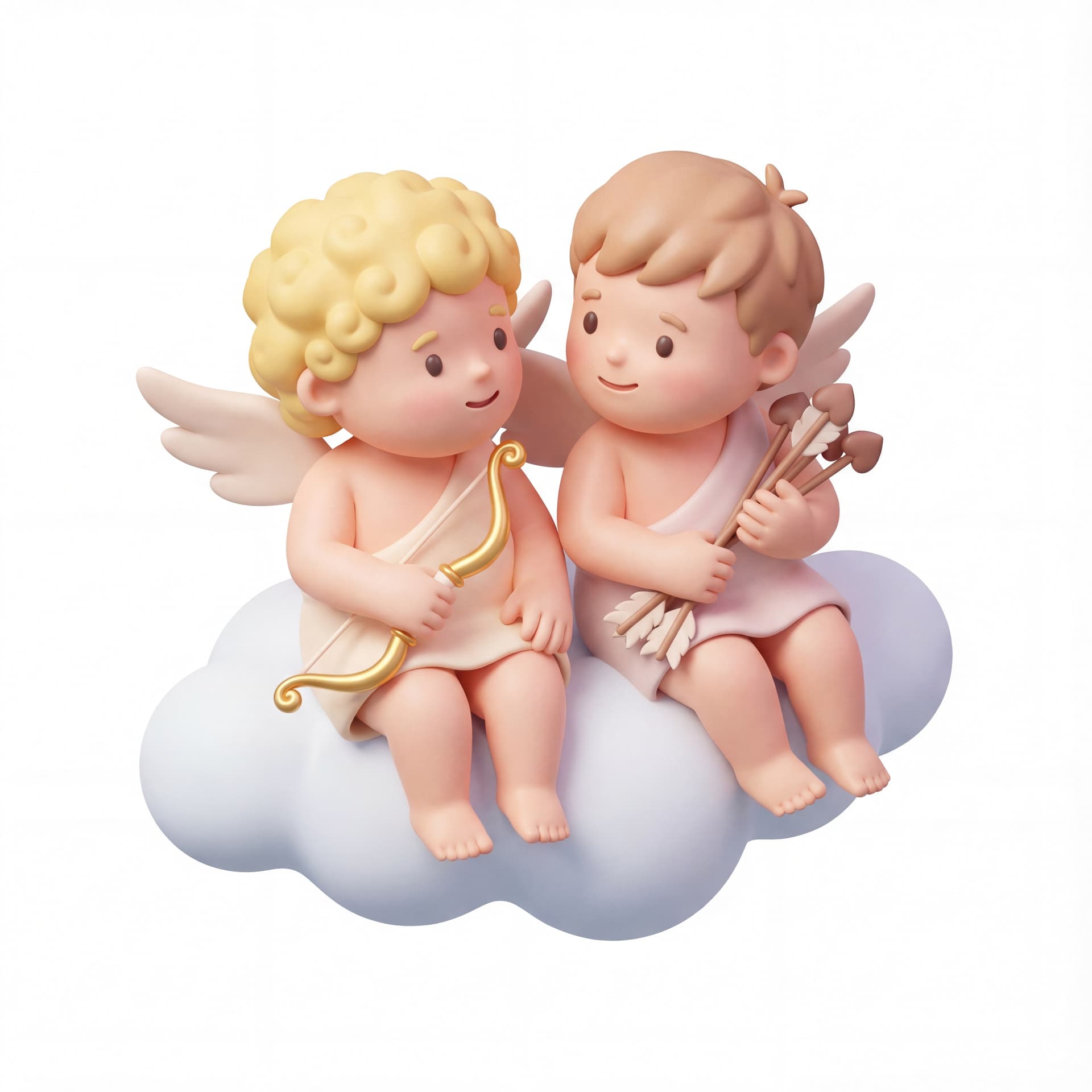 A full-body portrait of a cute couple of Cupid characters sitting together on a small cloud, one holding a bow while the other holds arrows, calm romantic mood, isolated on a white background.