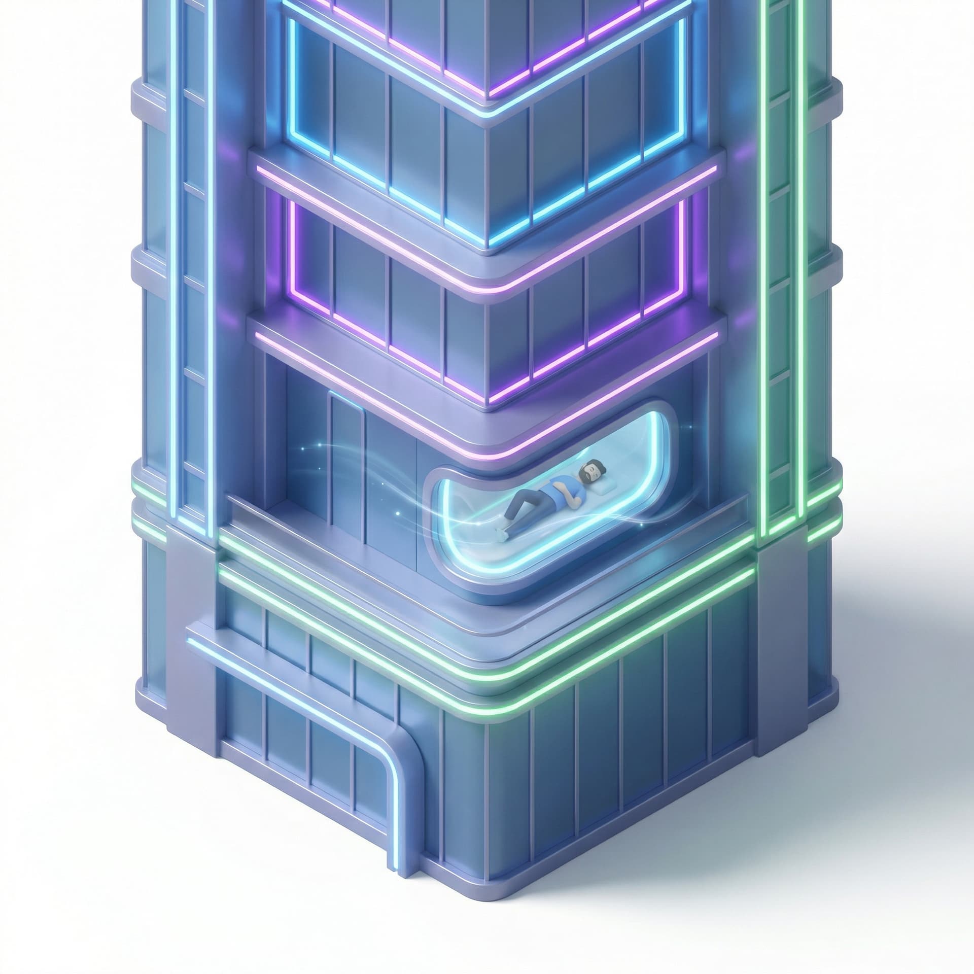 A man sleep in futuristic neon cyber skycrapet