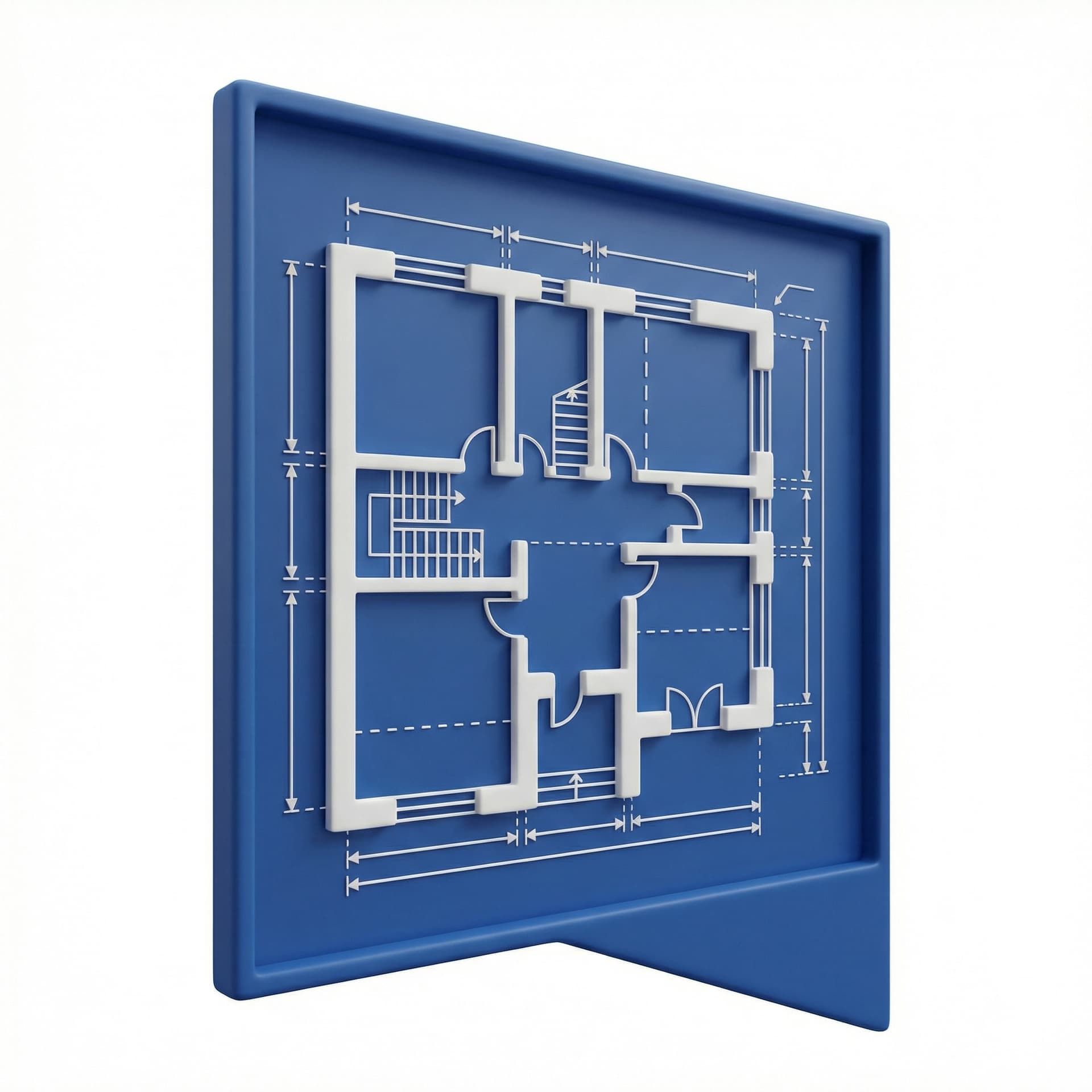 Isometric icon of a house floor plan, architectural blueprint, white outline, construction details, measurement lines, deep blue background.