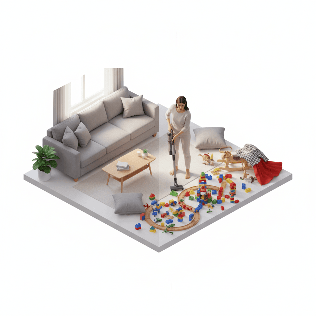 ruang tamu rapi di satu sisi tapi sisi lain penuh mainan anak berserakan, bantal sofa jatuh, selimut terlempar, ibu di tengah ruangan pegang vacuum cleaner dengan ekspresi pasrah, natural morning light, candid photo, cinematic messy home vibe