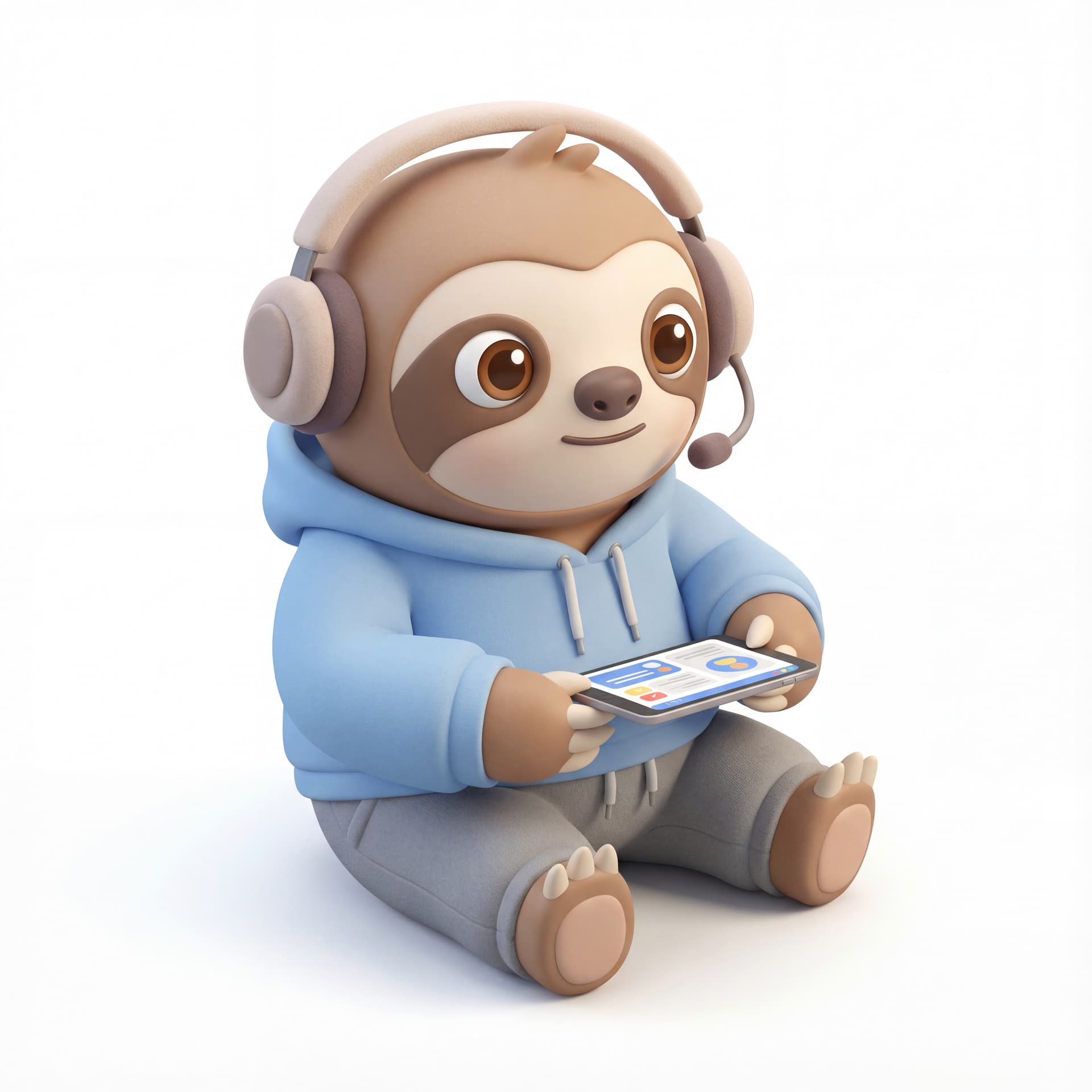 A cute cartoon sloth mascot character dressed as a remote worker, wearing casual work-from-home clothing and headphones, full body, front-facing, rounded proportions, big expressive eyes, soft shading, friendly neutral smile, centered composition, isolated on a white background.