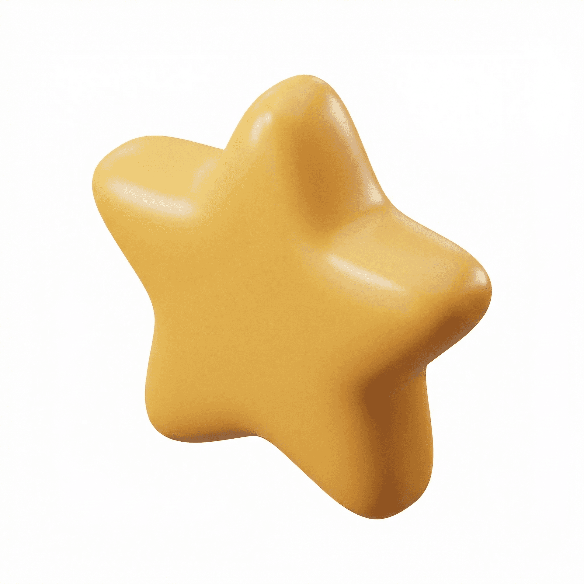 A high-quality 3D render of a smooth, rounded star-shaped object in a warm golden-yellow color. The star has five evenly proportioned points with soft, inflated edges and a slightly puffy, cushion-like appearance.  The surface material looks like glossy plastic or soft resin, with smooth shading and subtle specular highlights that create a polished, shiny finish. Light reflections are gentle and clean, emphasizing the curved form and giving the star a friendly, modern look.  The object is centered in the frame and isolated on a pure white background. The lighting is soft and evenly distributed, studio-style, with minimal shadows and no harsh contrast.  The overall aesthetic is minimalistic, playful, and icon-like, suitable for UI elements, app icons, stickers, badges, or modern digital illustrations.  Ultra-clean composition, high resolution, professional 3D illustration, simple yet elegant design.
