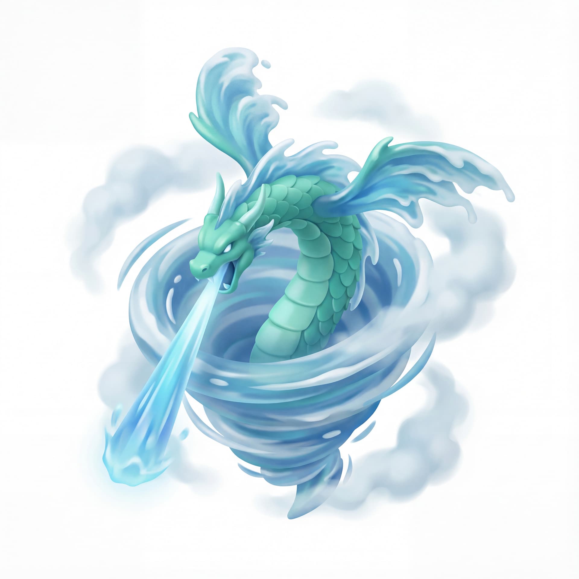 An isometric water dragon with aqua-green scales and flowing fin-like wings roaring downward while firing a beam, enveloped in rotating water vortex effects and soft mist clouds.