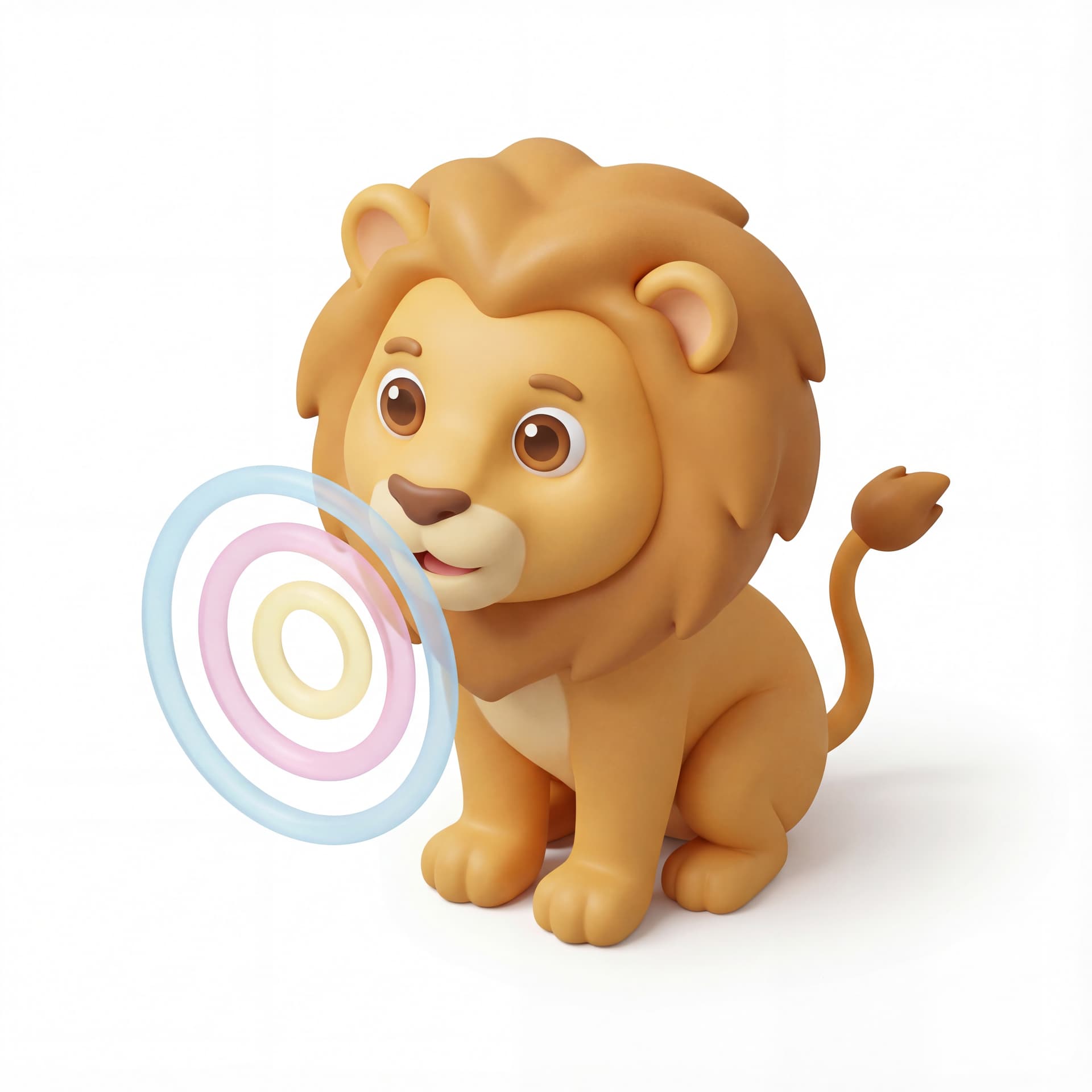 An isometric cute cartoon female lion giving a tiny roar, shown as soft rounded sound waves instead of aggression. facing the screen
