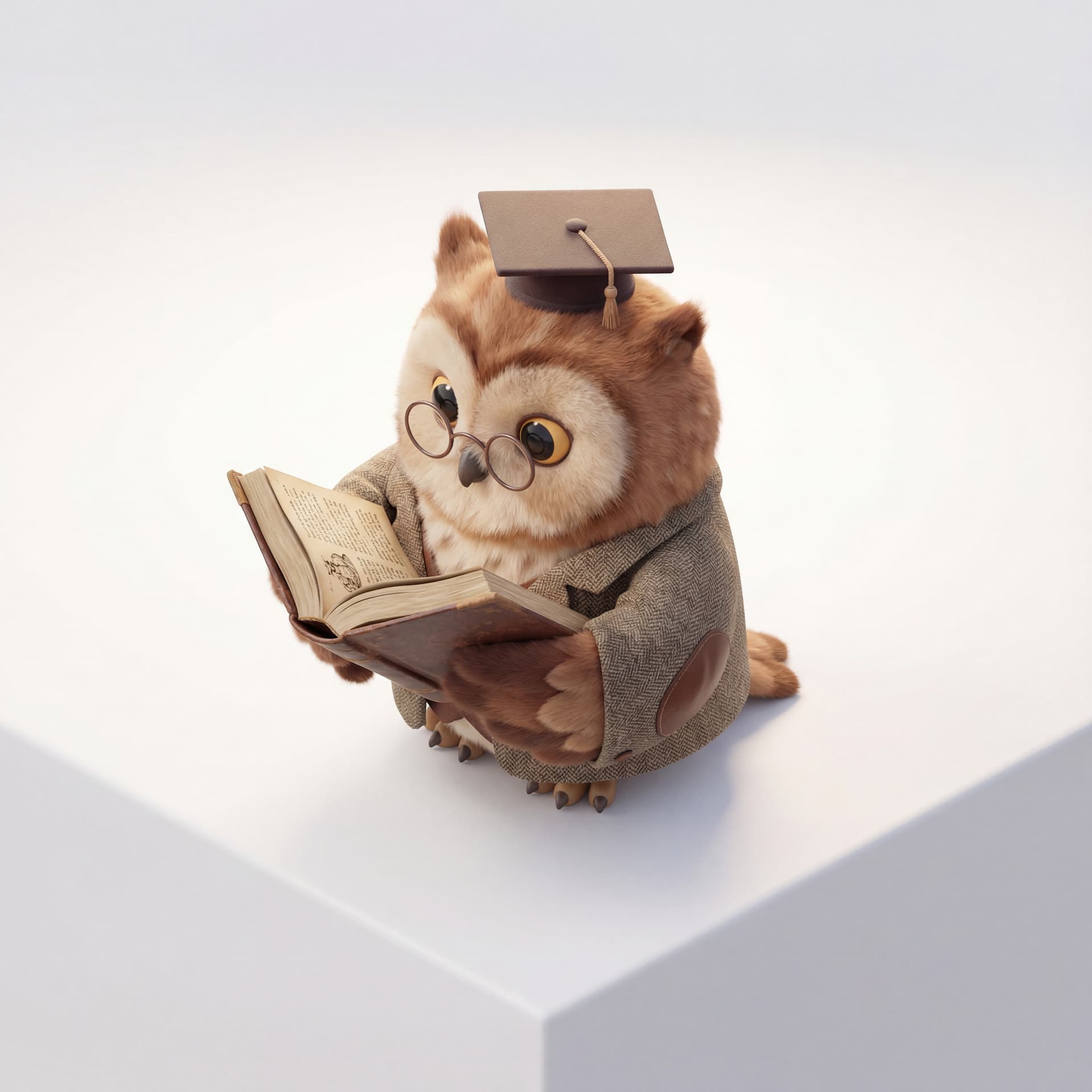 A cute owl professor with round glasses, holding an open book, academic cartoon styling with soft textures.