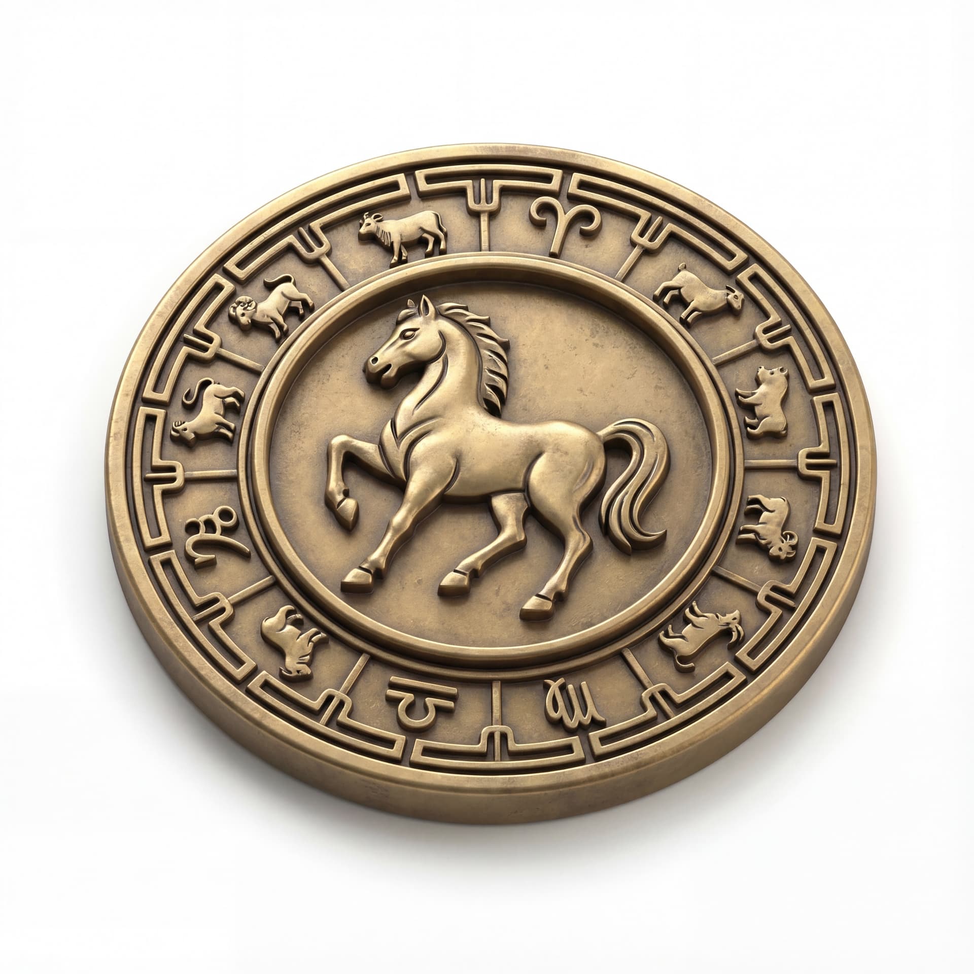 A horse zodiac medallion icon with a circular outer frame and a horse symbol centered inside, flat front view, isolated on a white background.