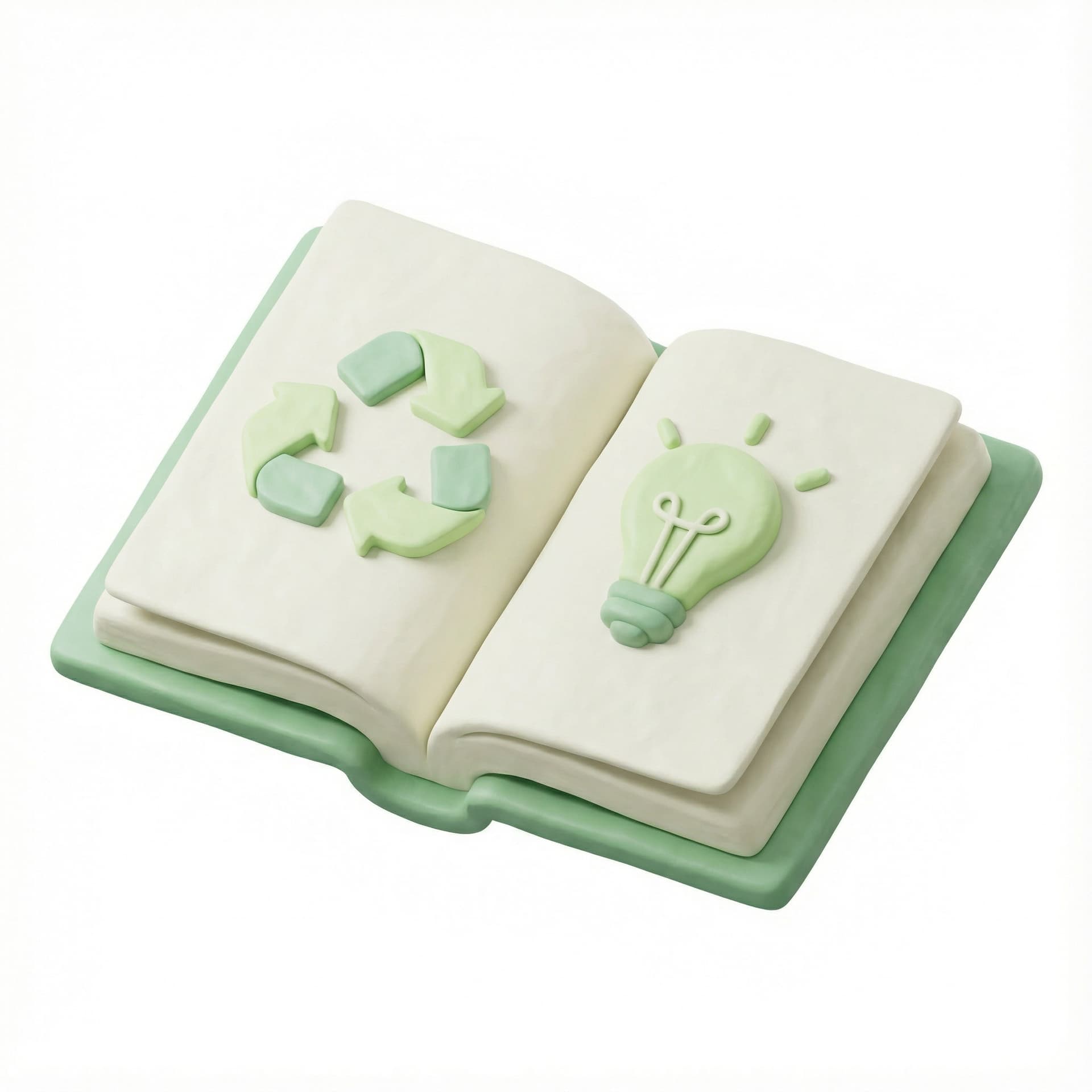 A 3D isometric clay-style open book with a recycle symbol on one page and a lightbulb on the other. Pastel tones of green