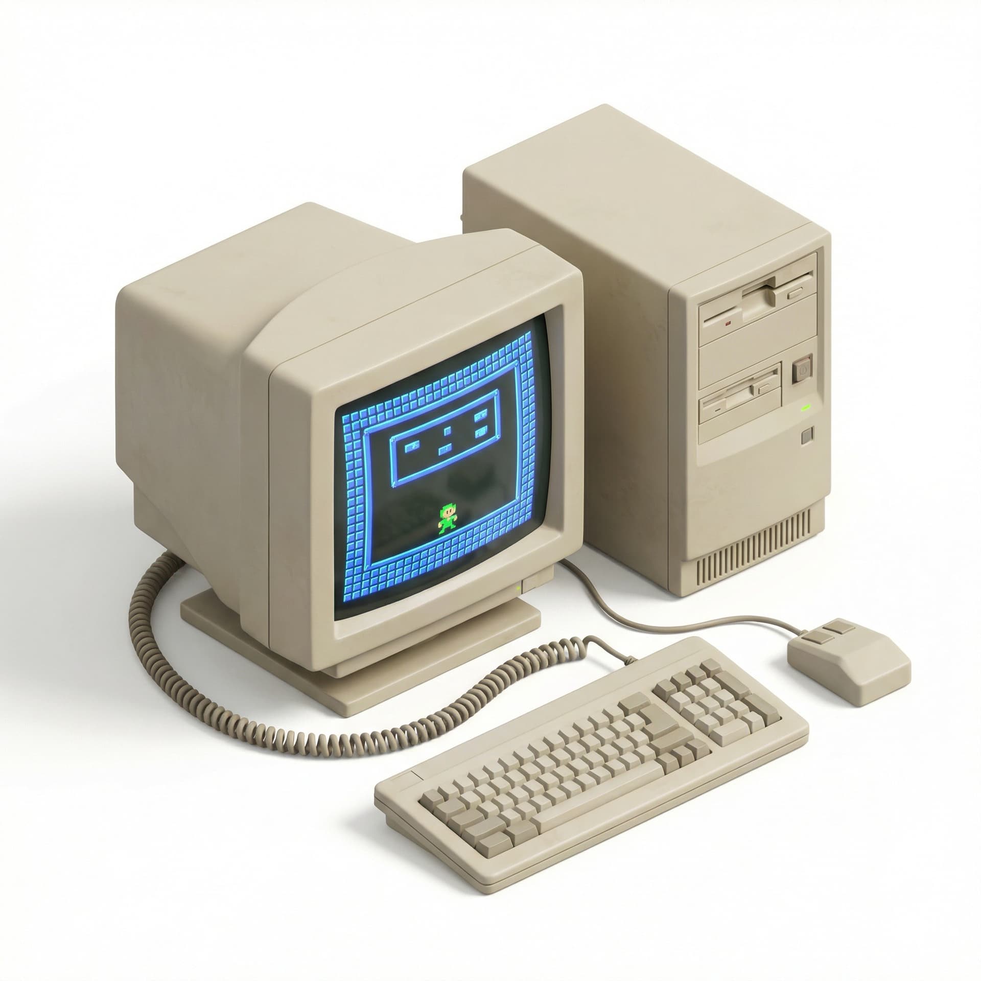 Isometric icon of a retro pc, pixel art, 90s aesthetic, beige color, pixelated screen, nostalgic tech.