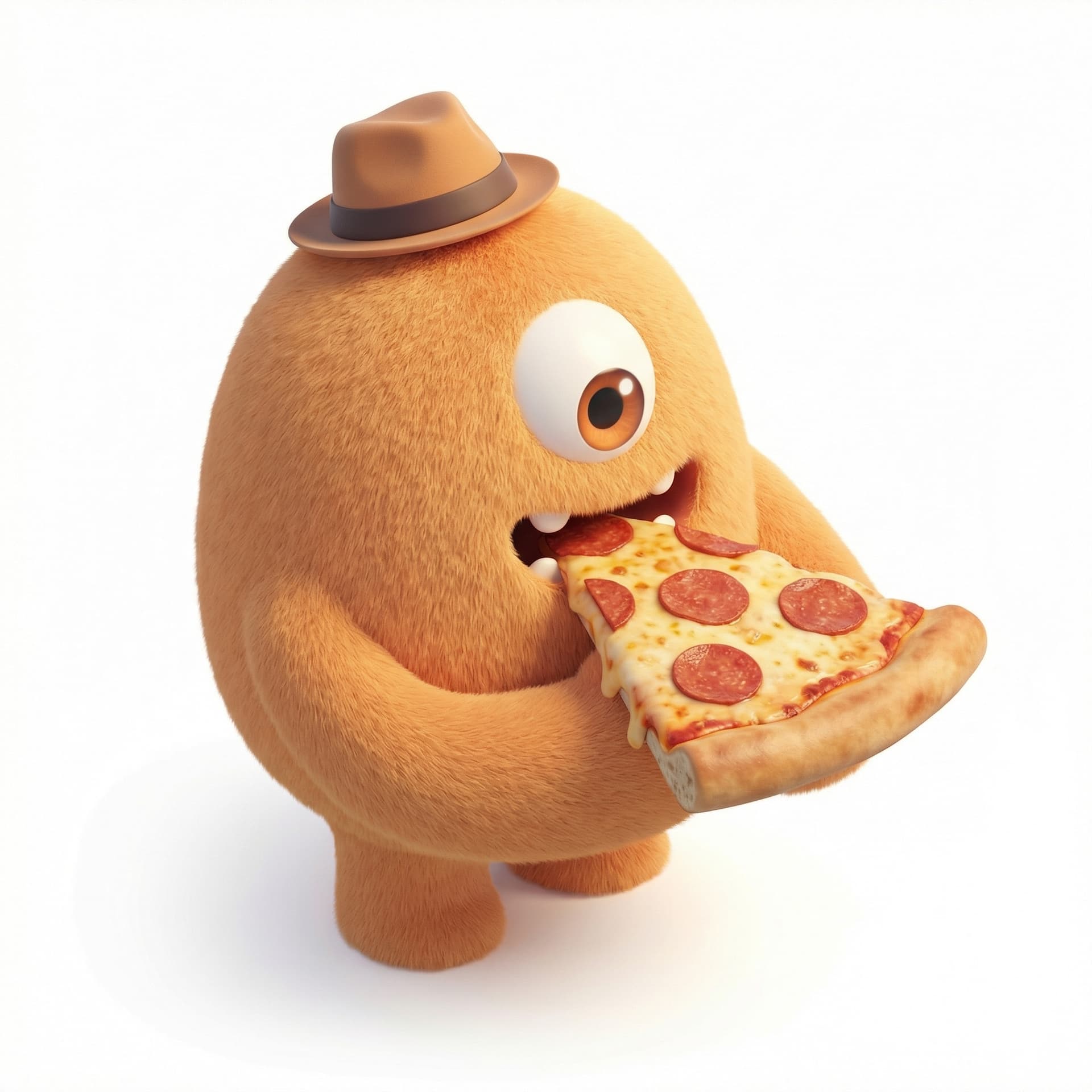 A monster, round body, one eye, eating pizza, wearing a hat