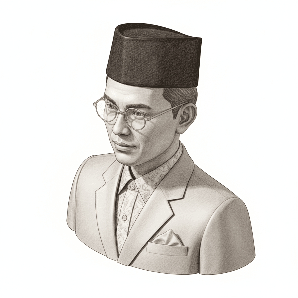 isometric pencil-drawn icon of a national figure wearing a peci and glasses
