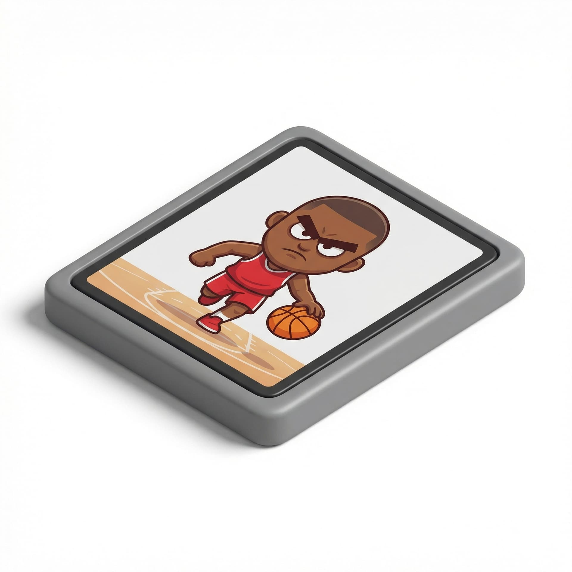 Buatkan gambar 2d orang berkulit gelap dengan alis seperti angry bird dan rambut buzzcut, bermain basket