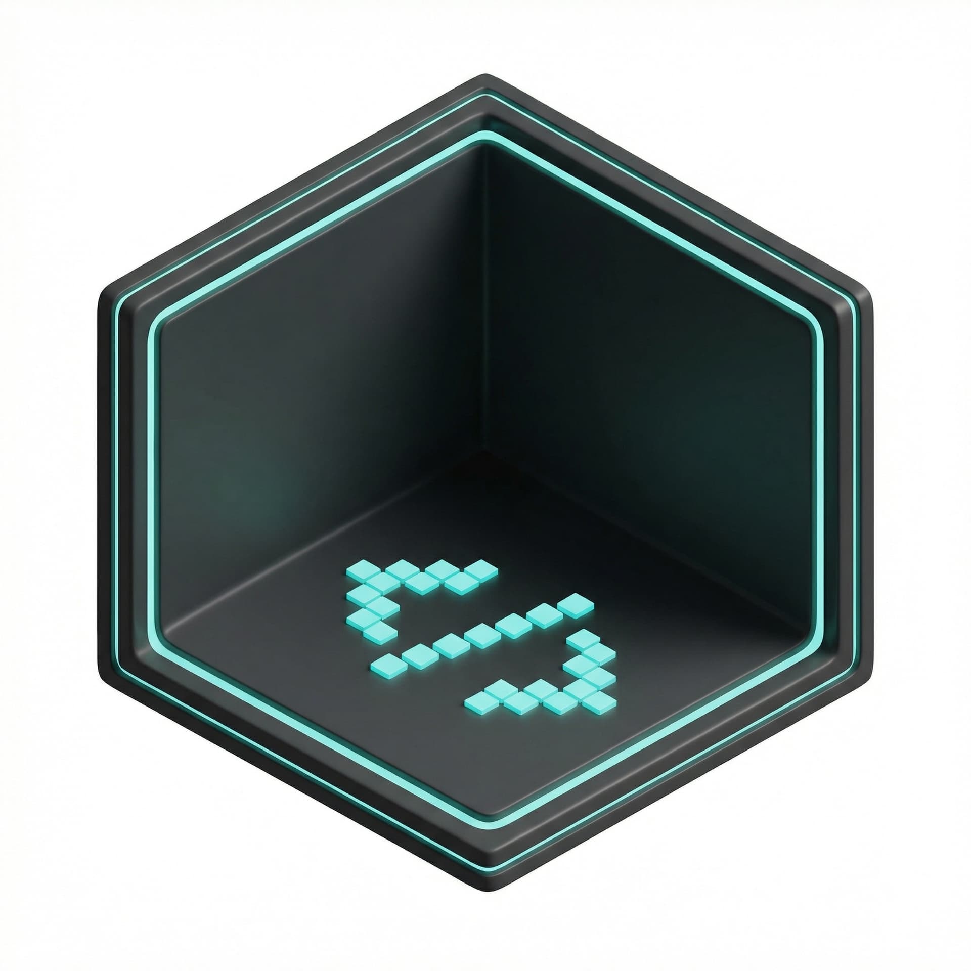 dark isometric room background with teal accents and pixelated </> (code) icon on the floor
