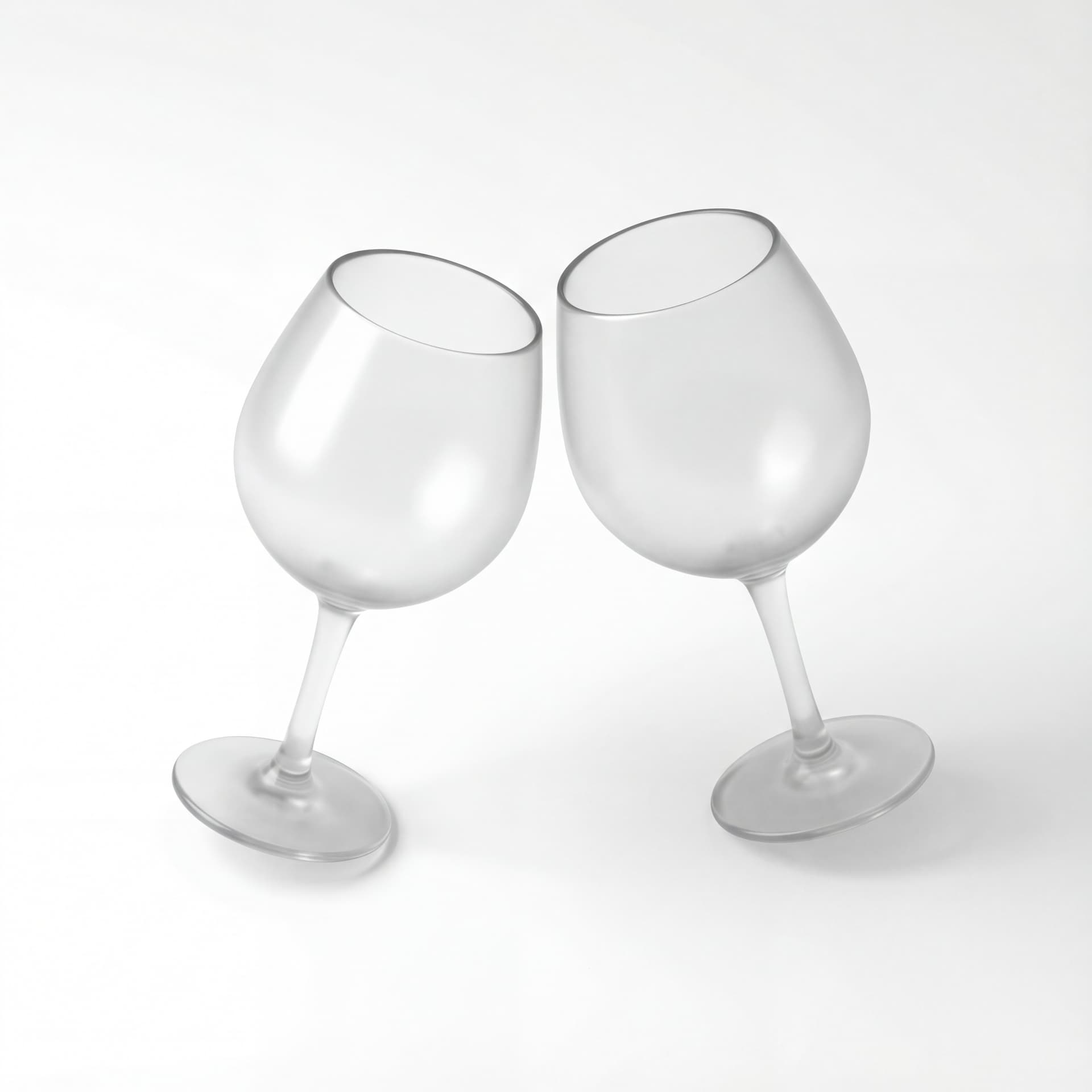 A pair of wine glasses icon tilted toward each other, simple bowl shapes, balanced composition, isolated on a white background.