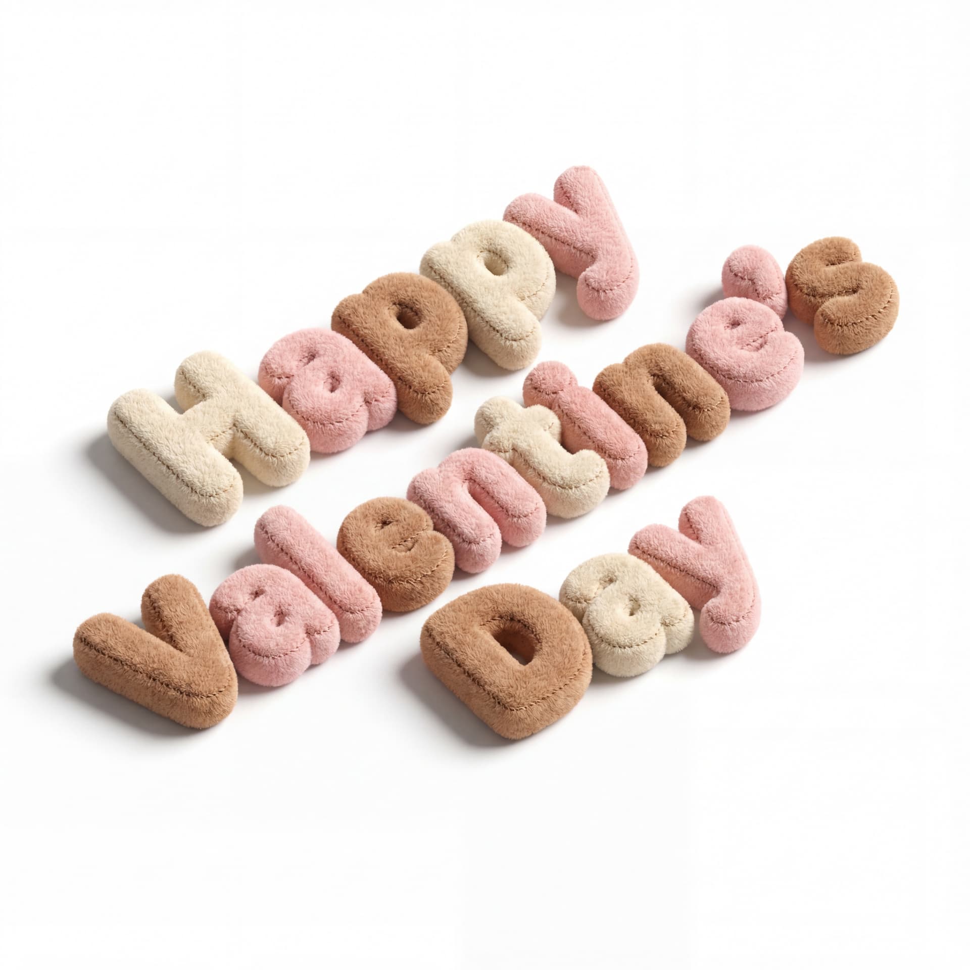 “Happy Valentine’s Day” created from soft plush material resembling teddy bear fur, thick rounded letters with stitched seam details, cozy 3D appearance, isolated on a white background.