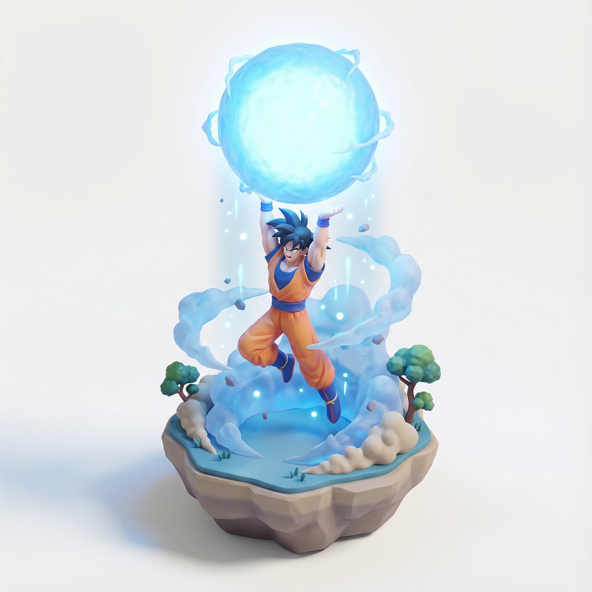 a suspended, adorable three-dimensional stylized vignette of Son Goku doing Large Spirit Bomb, higlighting its legendary signature moments. Amplify the mood through environmental effects and atmospheric conditions.