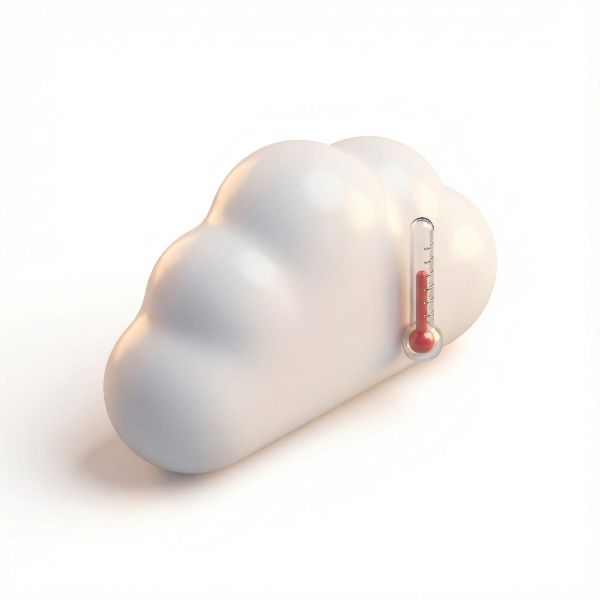Realistic 3D miniature icon of a soft rounded cloud with a small floating temperature bar or tiny thermometer embedded on the side. Smooth glossy materials, subtle warm lighting, soft shadows, Apple/Airbnb-style realism, minimal details, clean white background
