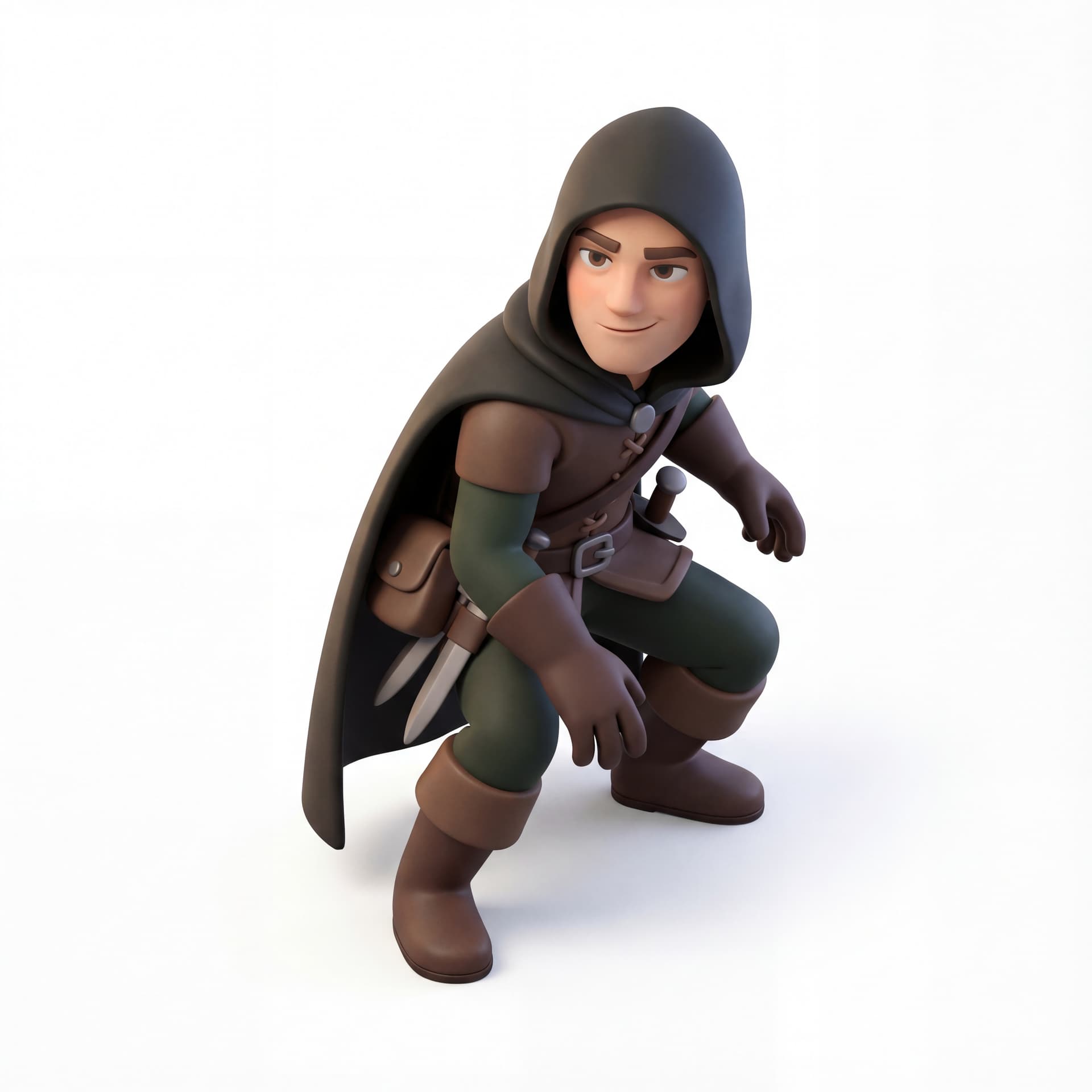 3D cartoon human rogue character wearing a hooded cloak, relaxed stealth pose, simplified gear, confident subtle smile, isolated character.