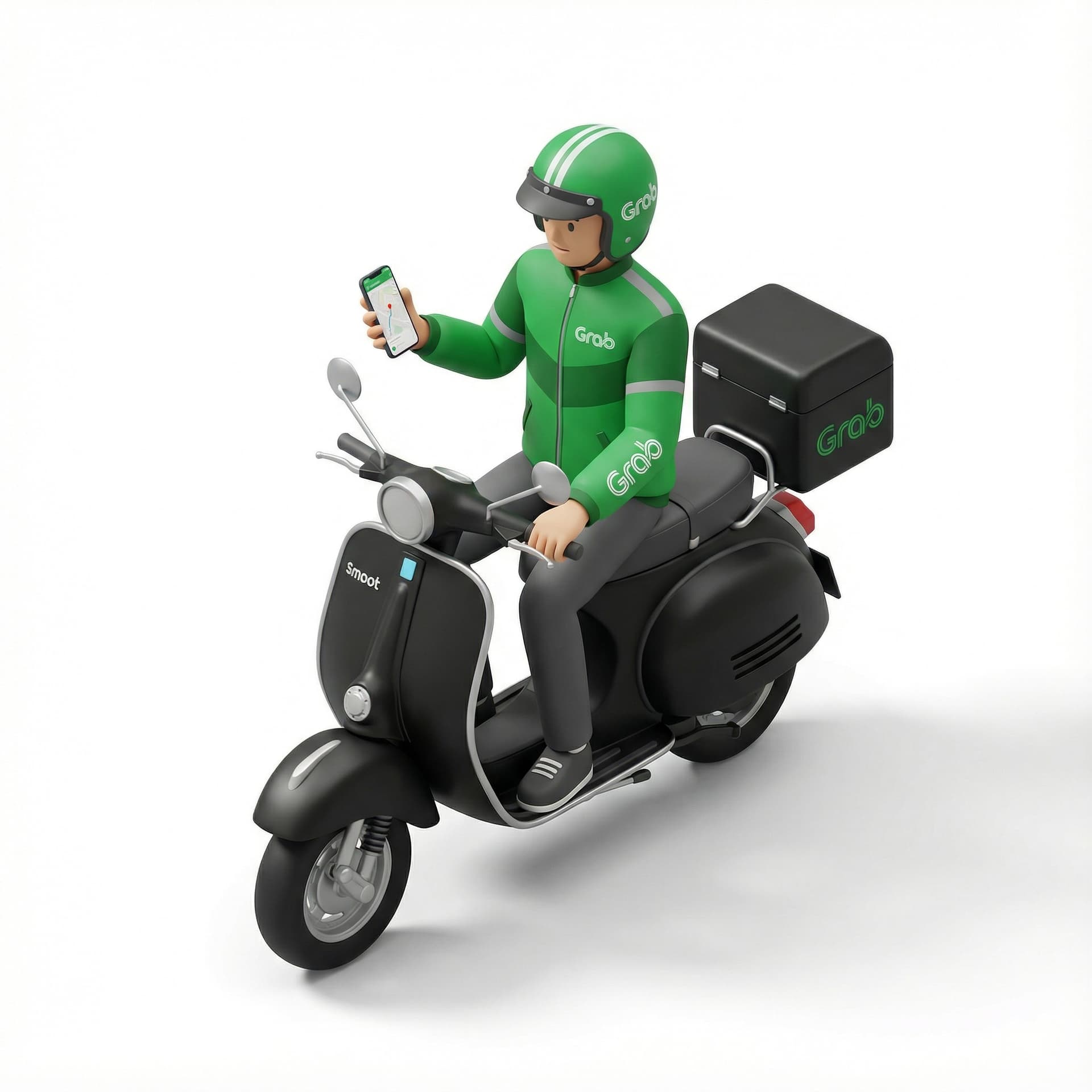 seorang driver ojol Grab sedang memegang handphone dan membawa motor smoot zuzu electric (seperti vespa, warna hitam)