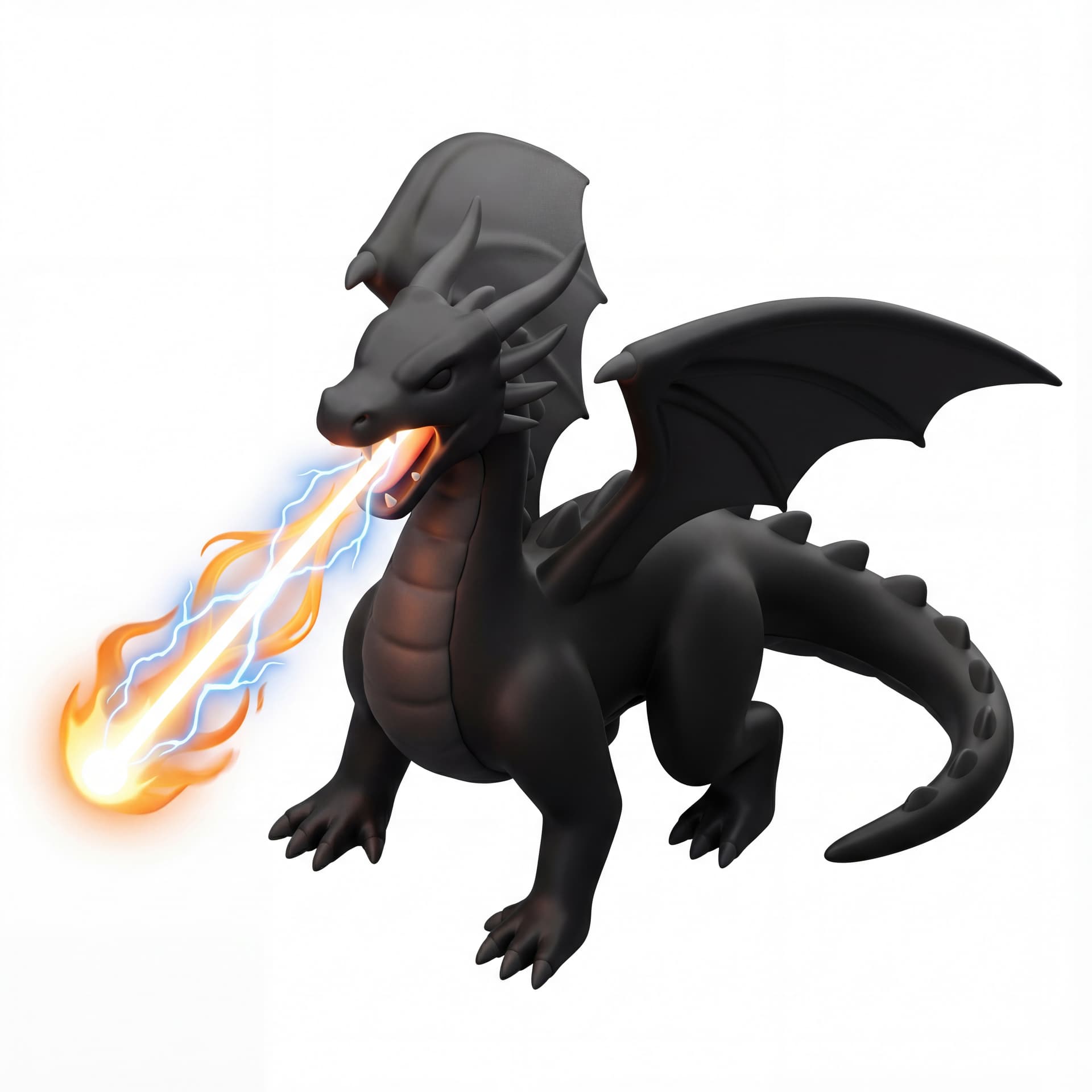 An isometric dragon with solid black scales, smooth surface, roaring forward while shooting a bright orange fire beam mixed with blue lightning and a white laser core from its mouth.