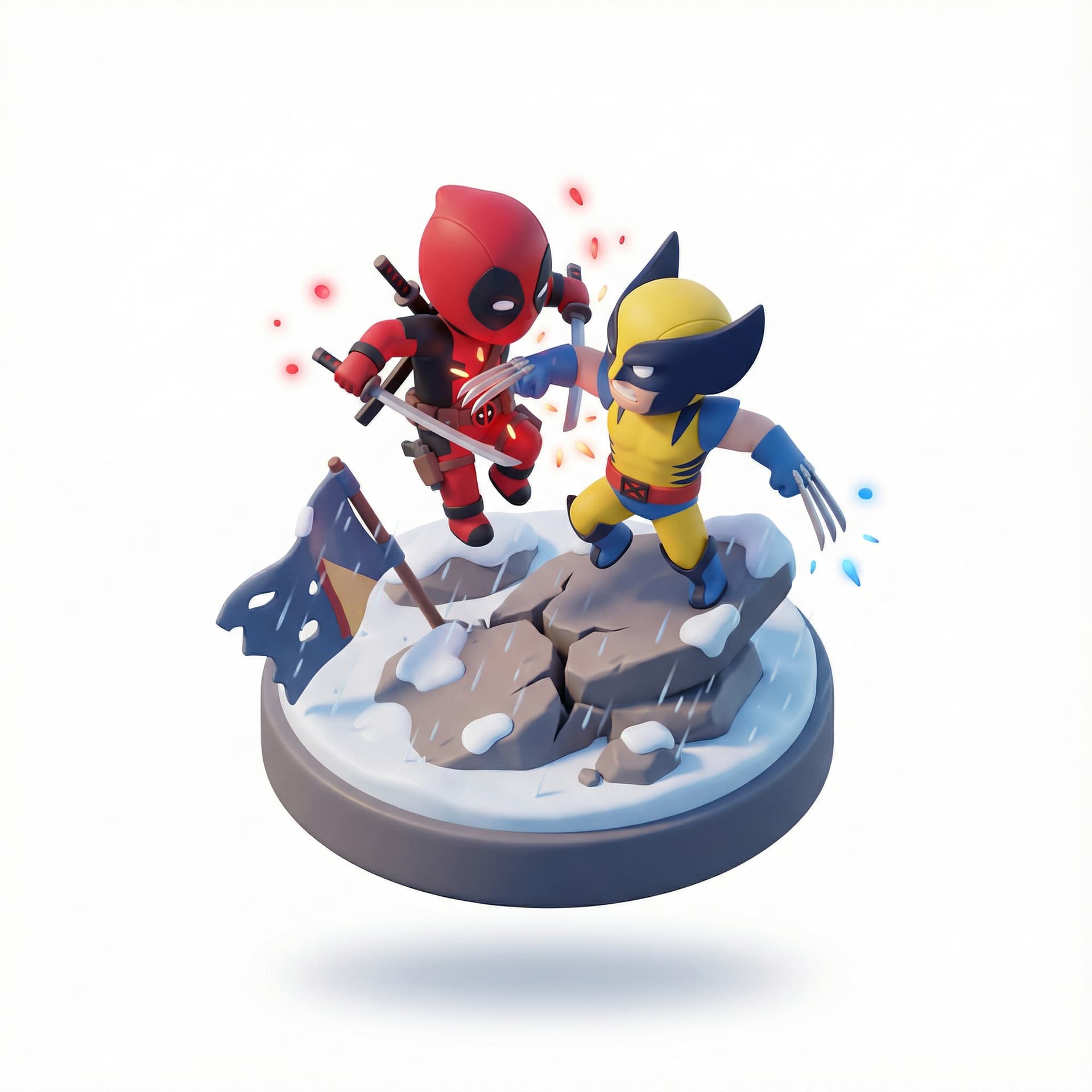 a suspended, adorable three-dimensional stylized vignette of Deadpool vs Wolverine, higlighting its legendary signature moments. Amplify the mood through environmental effects and atmospheric conditions.