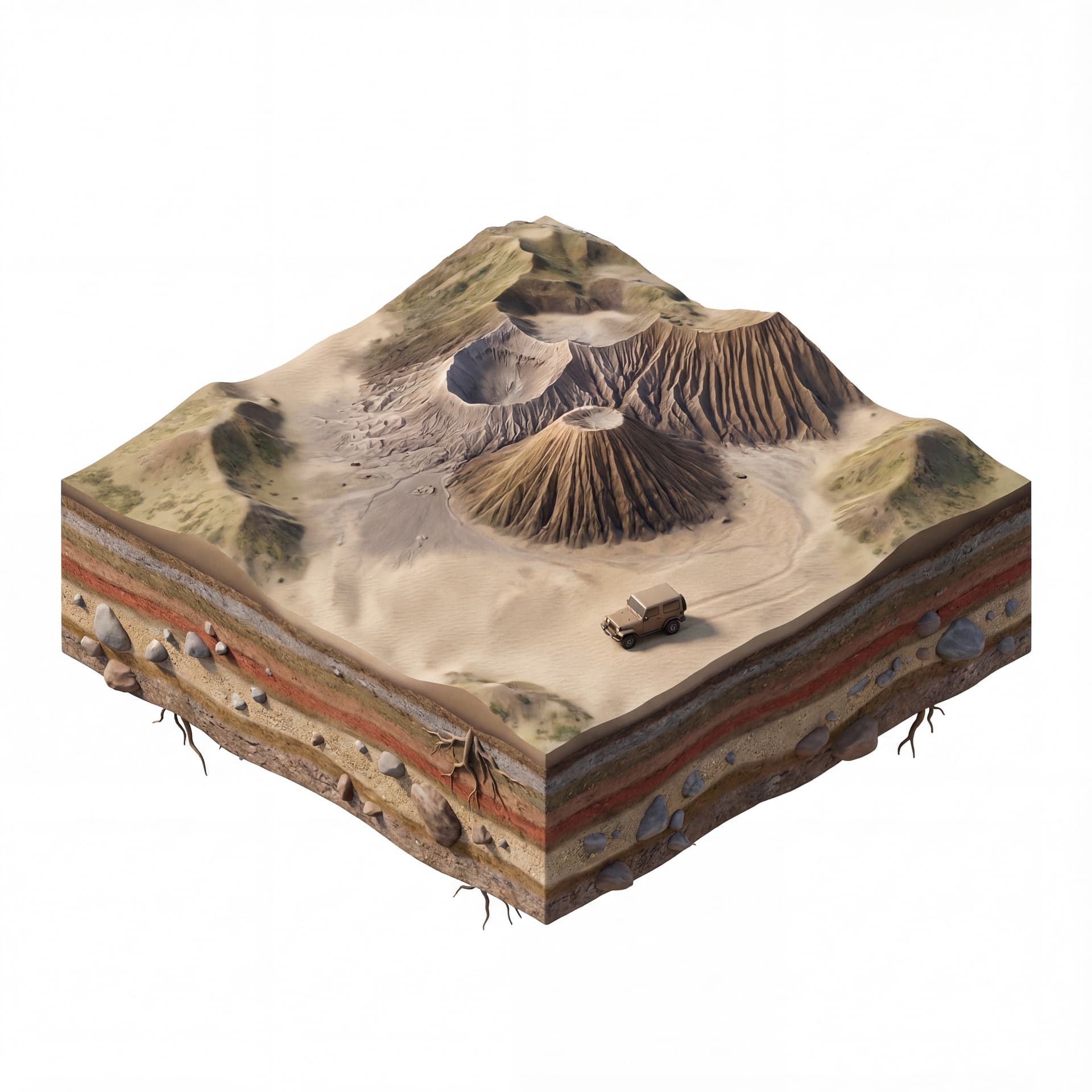 Mount Bromo, a detailed volcanic crater, a sea of sand, low hills surrounding the crater, no thin smoke rising from the crater peak, a small jeep with a hard roof on the sand for scale, the base of a floating island with layered soil texture + sand, scattered rocks and roots extending downward.