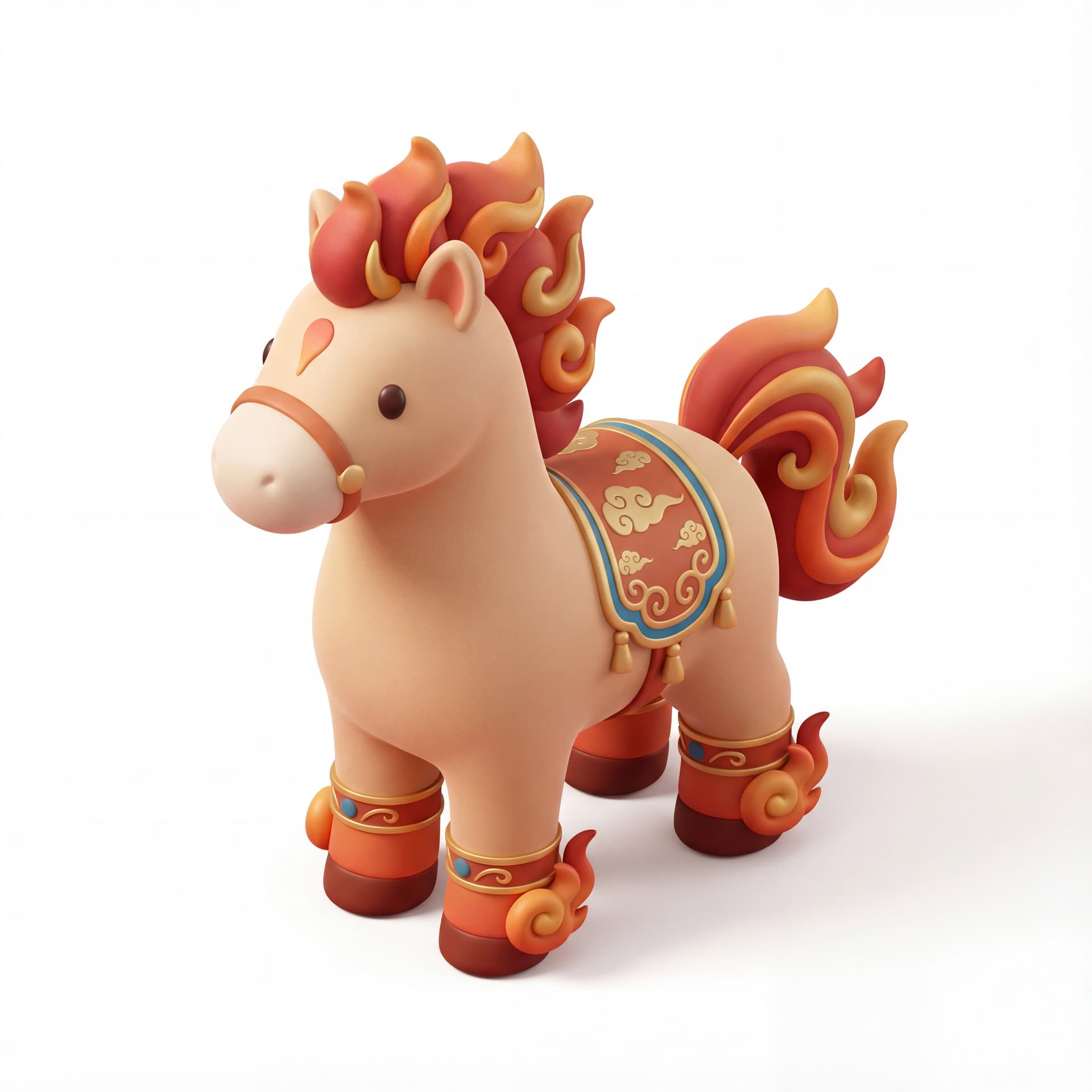 A cute festival horse character with soft rounded body shape, upright standing pose, flame-like curls around the mane and hooves, simple ornamental details inspired by Chinese patterns, isolated on a white background.