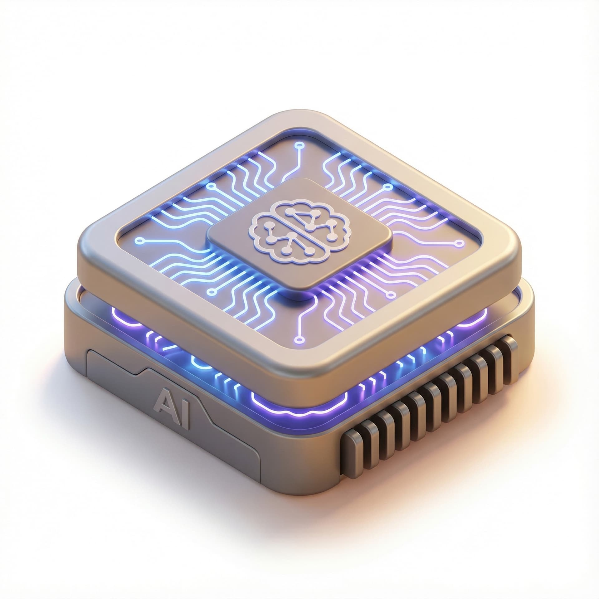 Realistic 3D icon of a futuristic AI processor chip with soft glowing circuits and rounded edges. Smooth metallic finish, subtle neon highlights, soft warm shadows, Apple-style 3D rendering, clean white background.