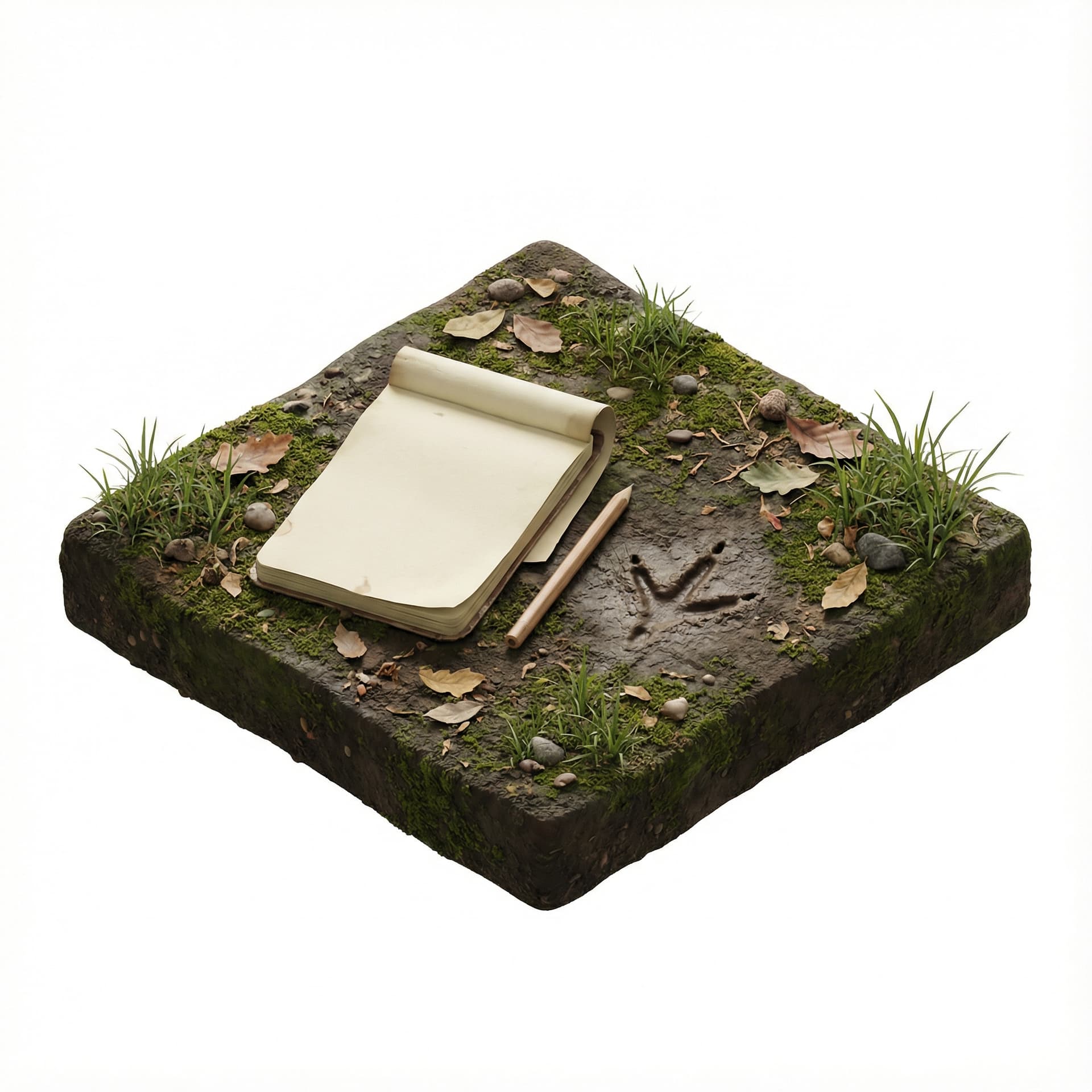 Hyper-realistic isometric forest-floor tile with a simple notepad and pencil placed on the ground for manual species recording. Small grass patches and a single bird track in the soil