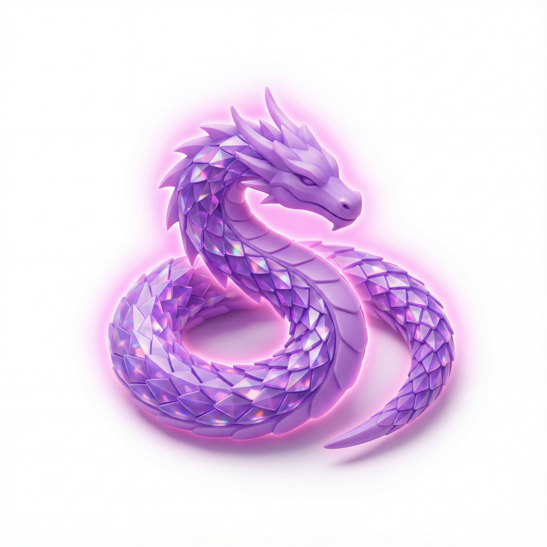 An isometric dragon with violet gemstone scales patterned with radiant facets in a pink prismatic aura symbolizing inner power.