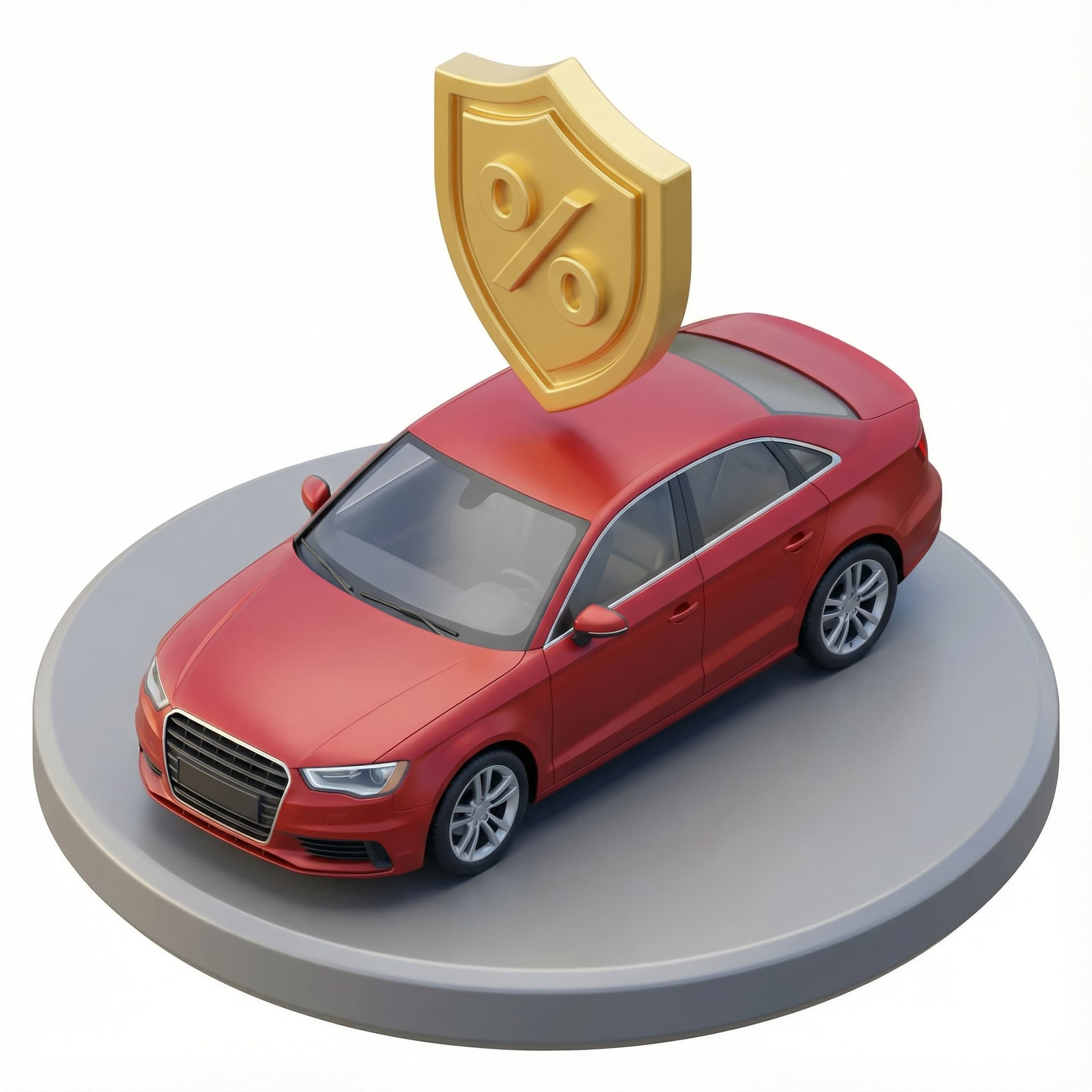 An isometric view of a polished red sedan car sitting on a circular pedestal. Floating directly above the car is a large, stylized golden shield emblem with a percentage (%) symbol engraved on it, symbolizing secure ownership and tax.
