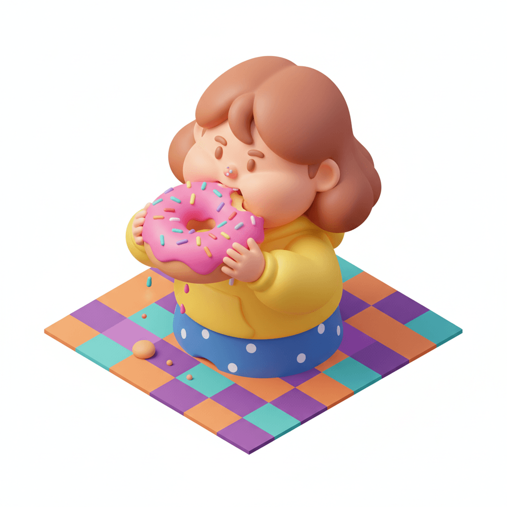 a punchy color isometric design of a girl mid-bite