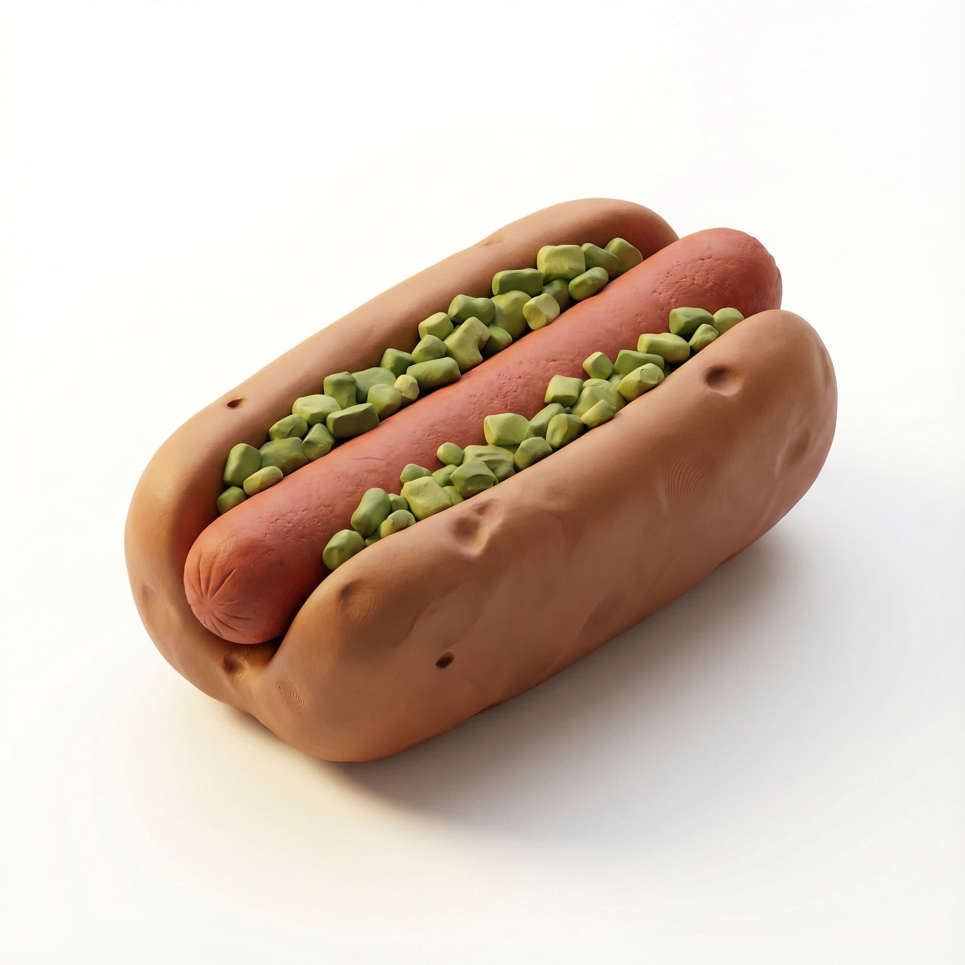 Cute claymation hotdog in a bun overflowing with chunky relish, stylized stop-motion look inspired by classic clay animation, fun and lighthearted atmosphere, warm diffused lighting, three-quarter angle composition for depth, smooth gradient background, cinematic macro perspective, realistic clay imperfections, high-quality microstock illustration style, ultra sharp focus, 4k