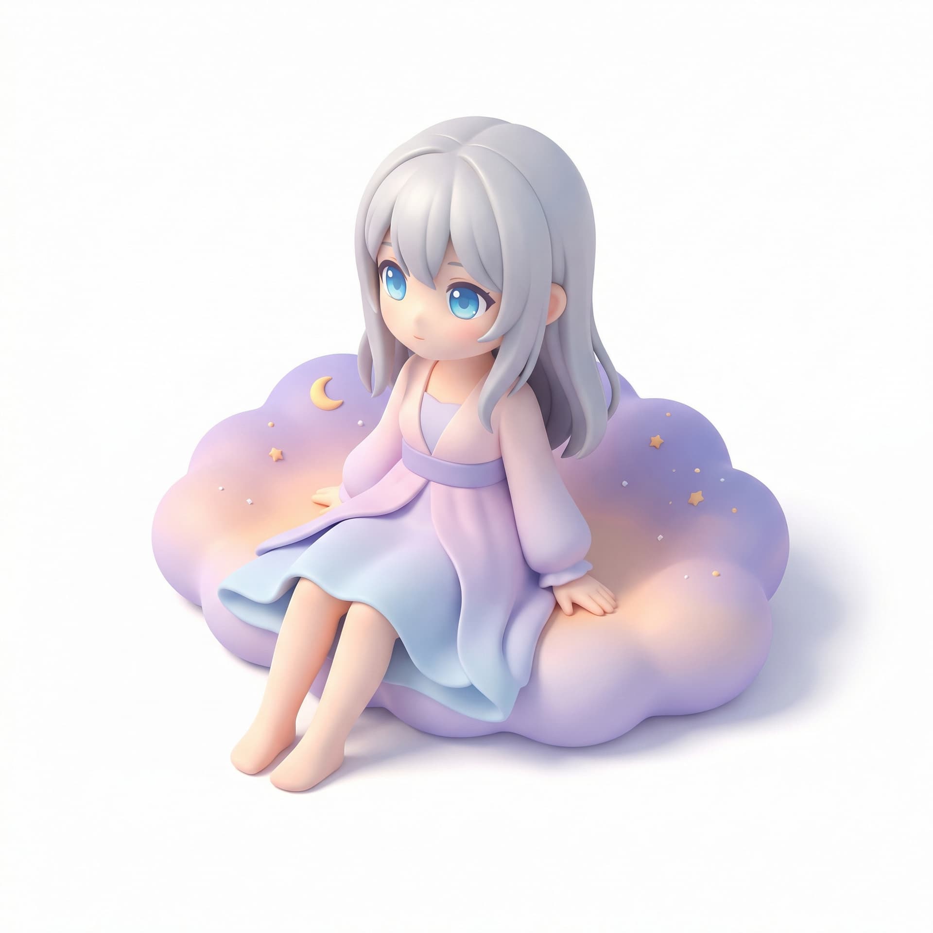 Ilustrasi gadis anime dengan rambut perak, mata biru terang, gaya soft pastel, pencahayaan lembut, background langit senja, detail tinggi, clean art, aesthetic, 4k