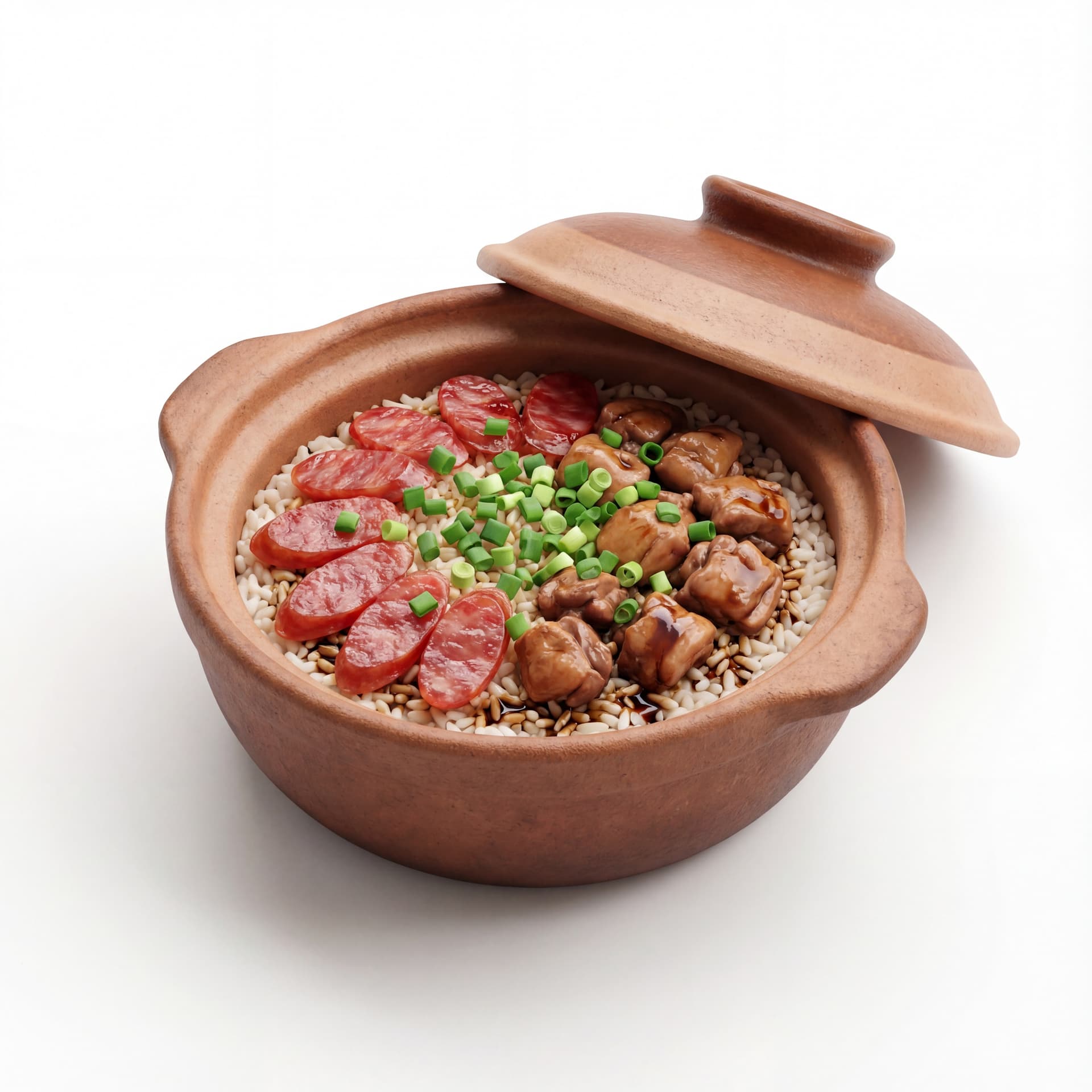 A clay pot containing clay pot rice with sliced Chinese sausage, marinated chicken pieces, scallions, and dark soy sauce drizzle.