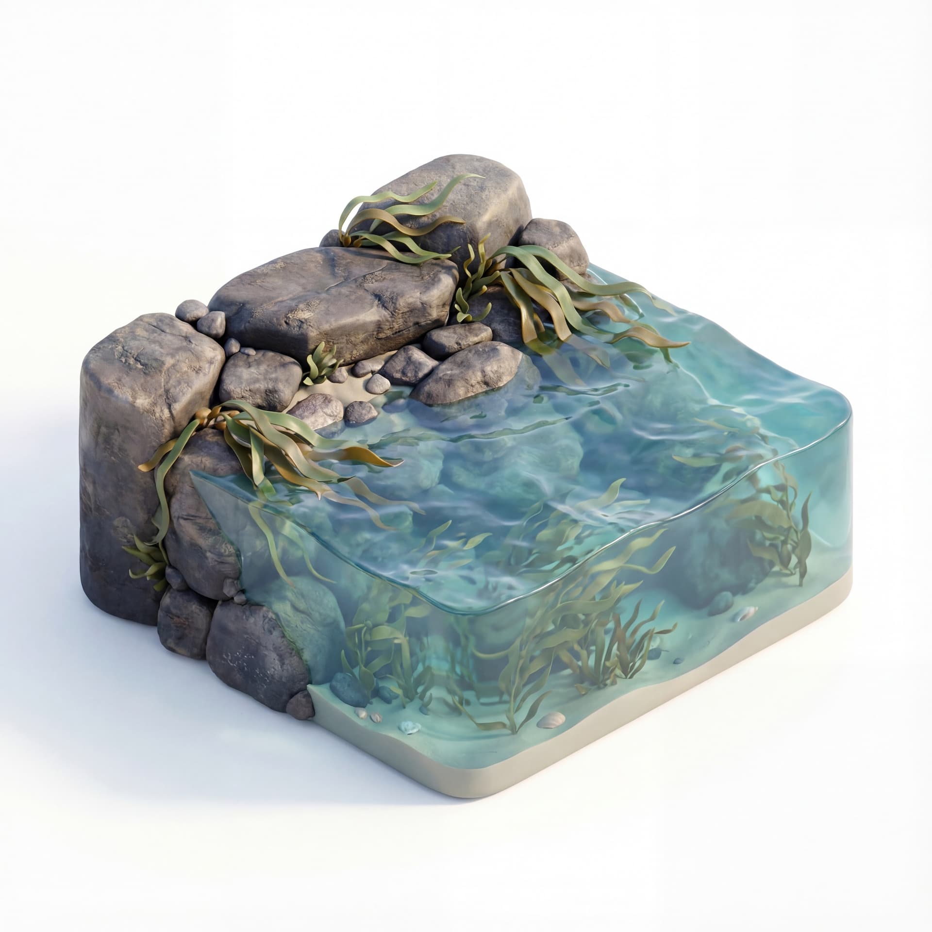 sometric 3D icon of a coastal scene with seaweed, rocky shore meeting ocean water, kelp and seaweed visible both above and below water surface, clean modern style, soft natural colors