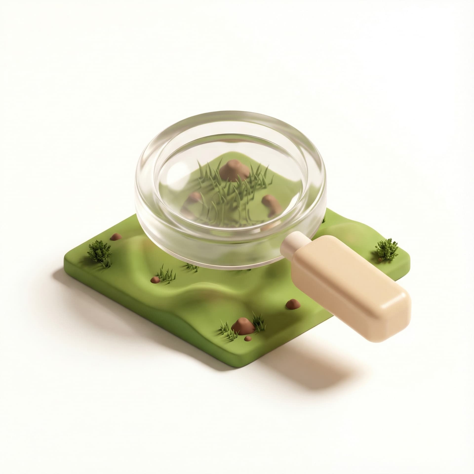 “Realistic 3D miniature icon of a soft rounded magnifying glass hovering over a small landscape tile with grass and tiny terrain bumps. Slight zoomed-in detail inside the lens. Smooth glossy materials, soft shadows, warm Airbnb/Apple-style lighting, clean white background.”