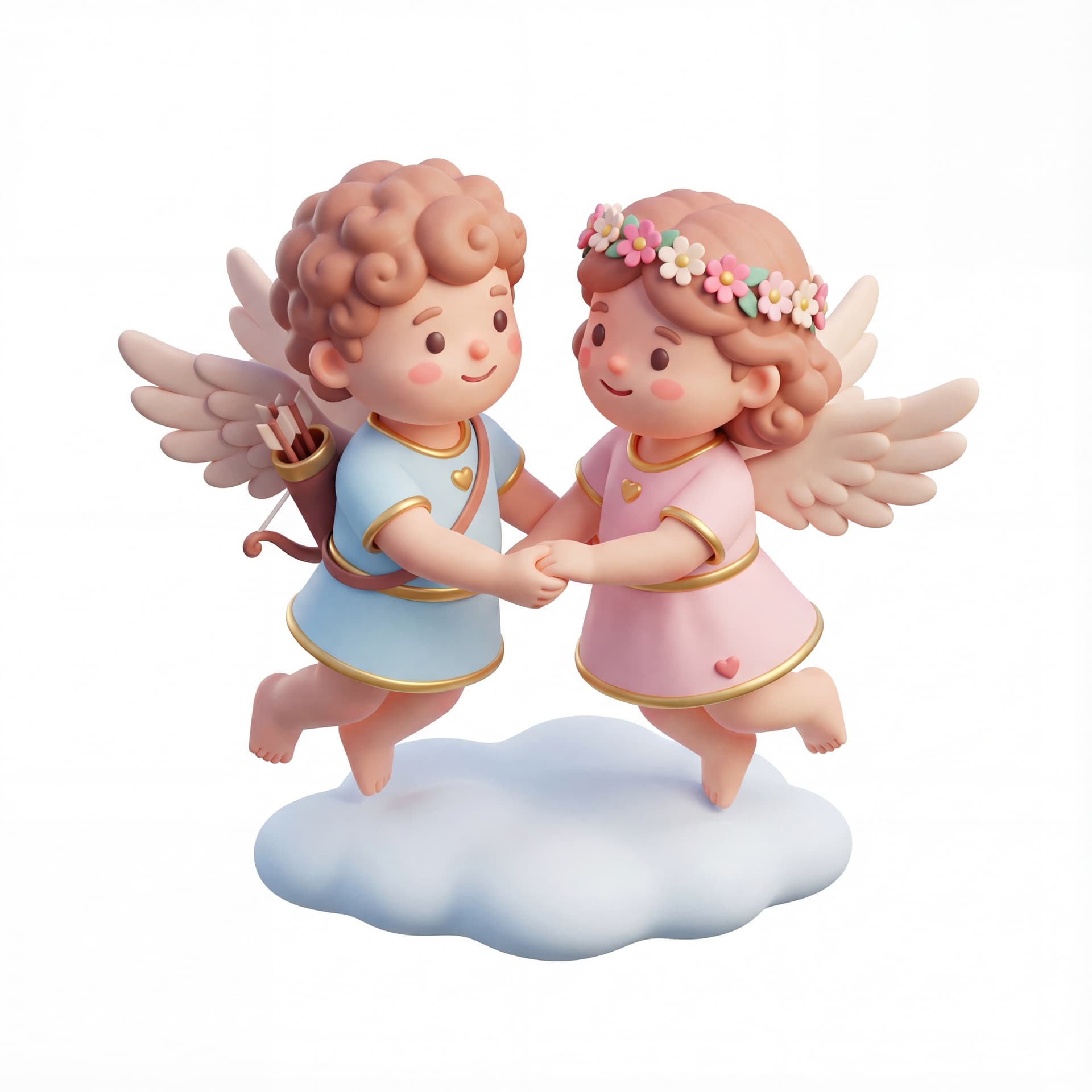 A full-body portrait of a cute couple of Cupid characters landing together on the ground, wings partially folded, holding hands and smiling warmly, isolated on a white background.