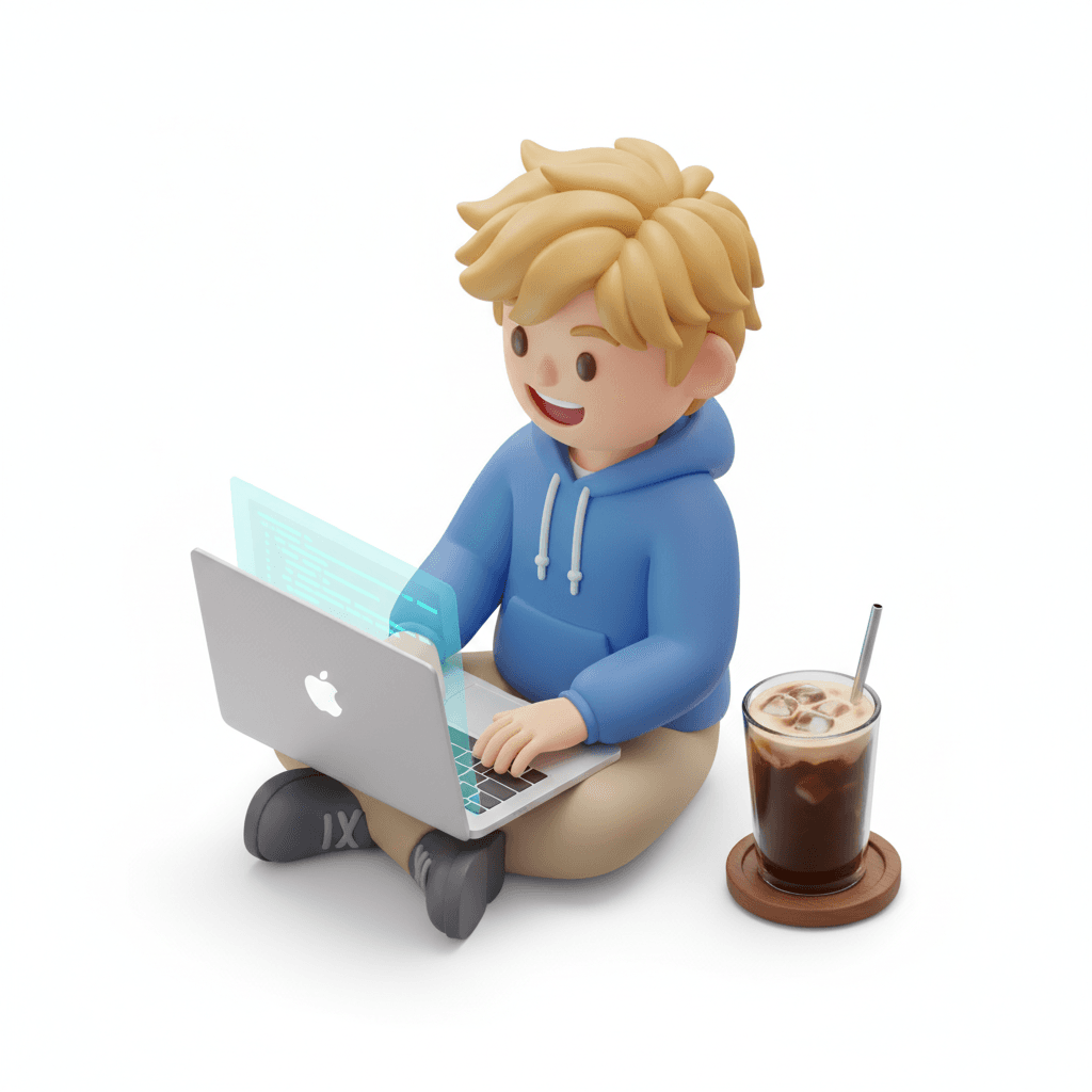 Karakter animasi golden boy sedang duduk di depan laptop, ekspresinya gembira, disampingnya ada es kopi 